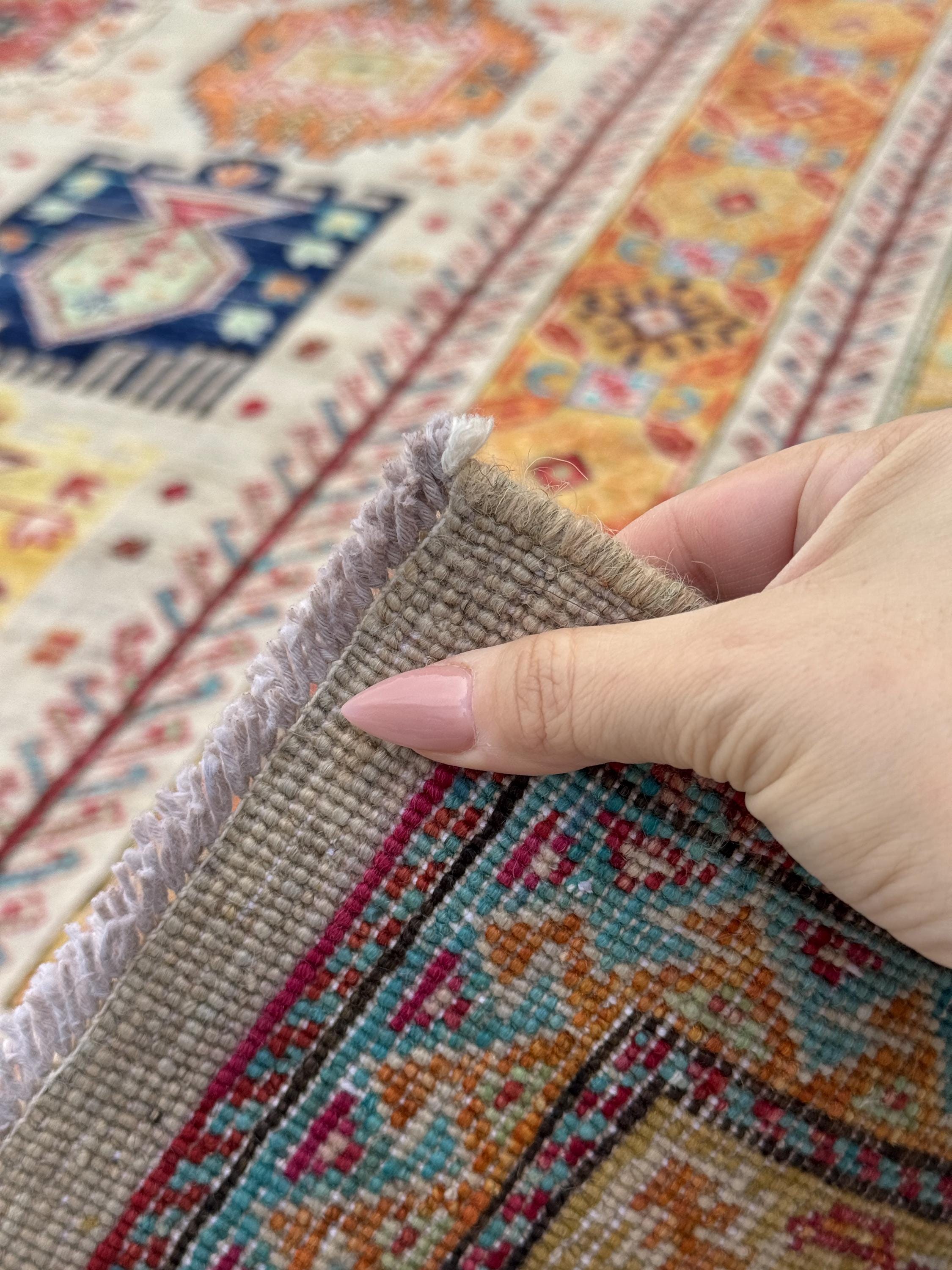 8x11 Handmade Afghan Wool Rug | Beige and Red Tribal Area Rug | Hand-Knotted Geometric Carpet | Boho and Traditional Living Room Decor