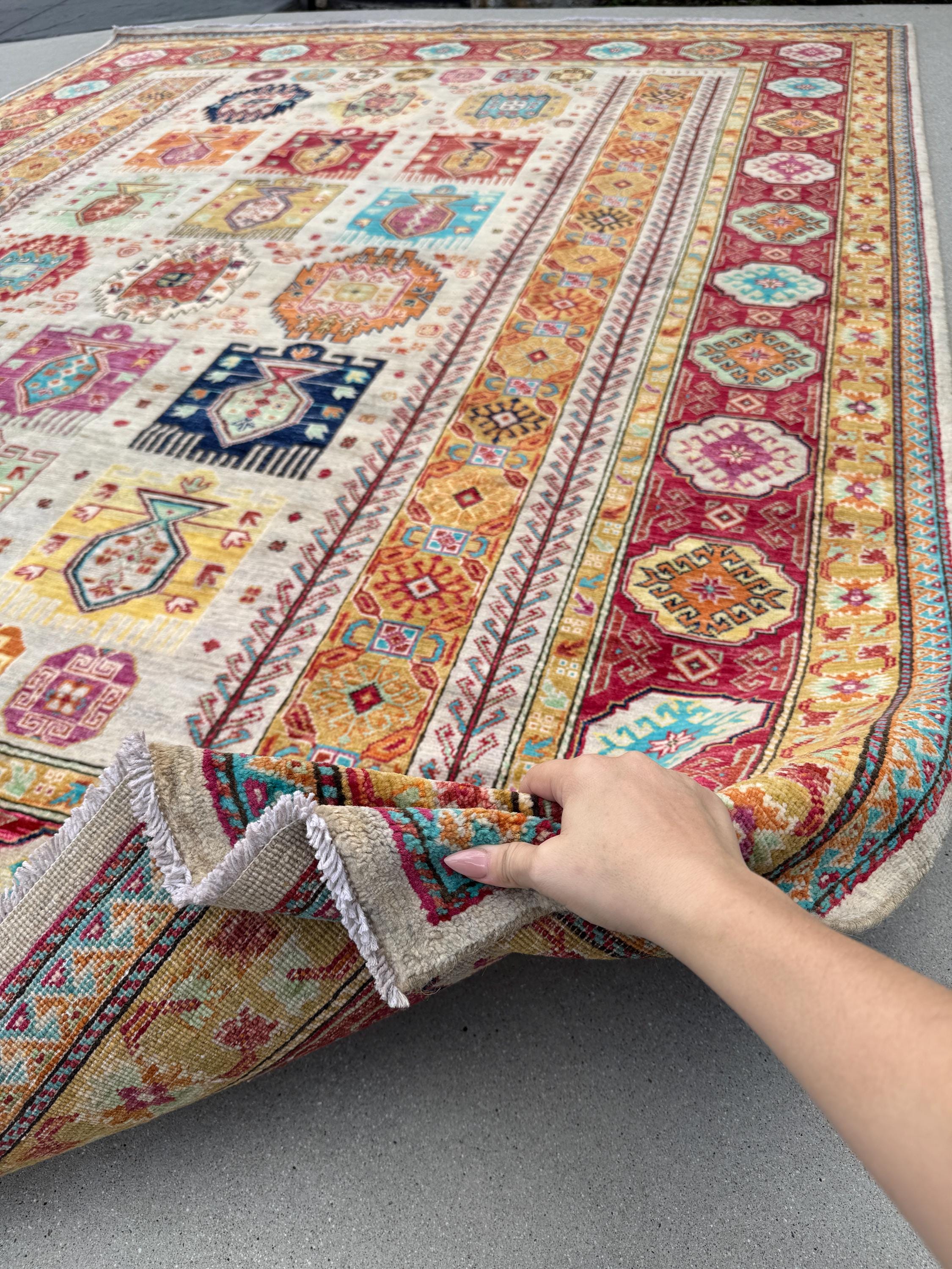 8x11 Handmade Afghan Wool Rug | Beige and Red Tribal Area Rug | Hand-Knotted Geometric Carpet | Boho and Traditional Living Room Decor