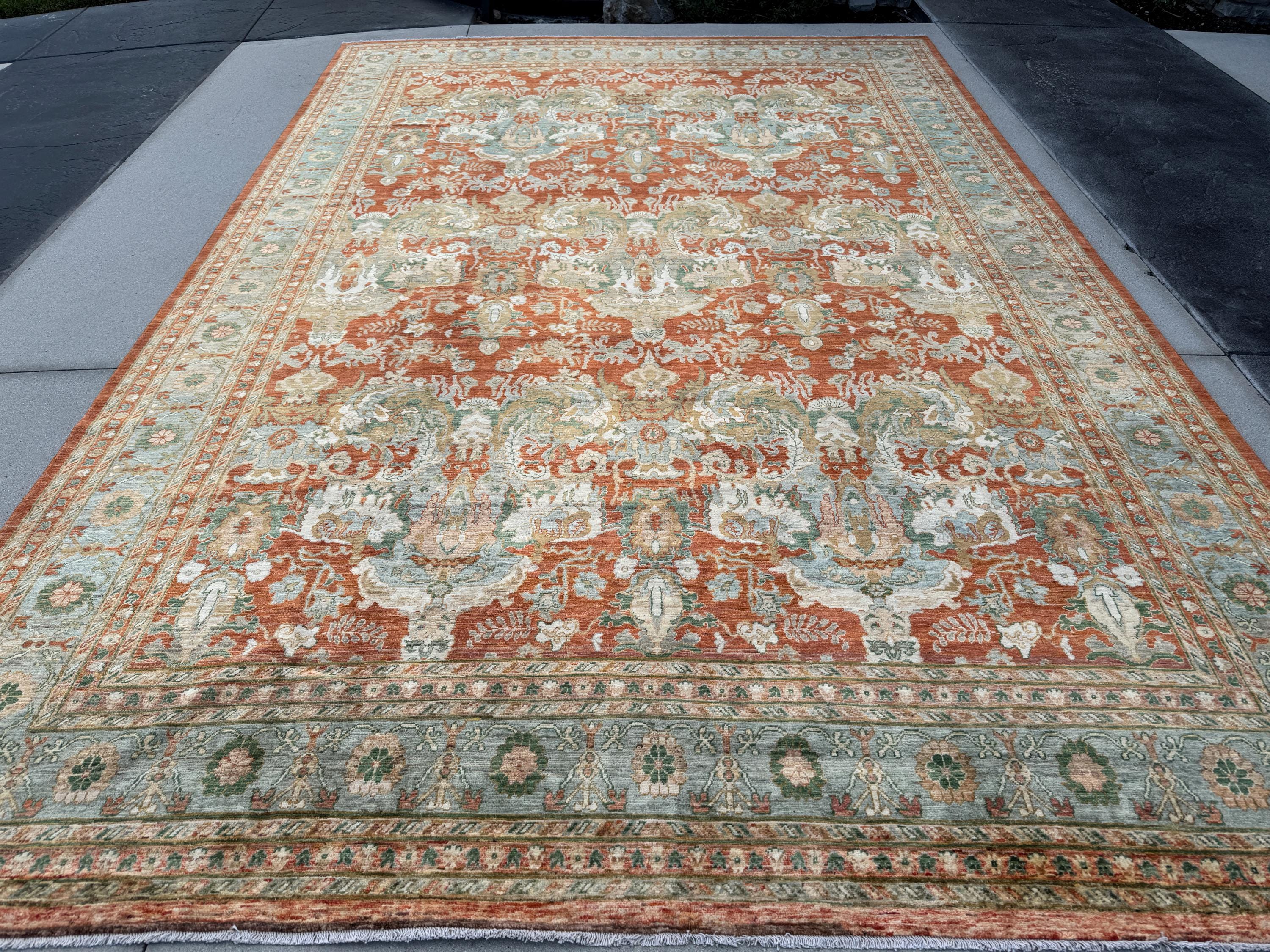 10x14 Handmade Afghan Wool Rug | Rust and Sage Oushak Style Area Rug | Hand-Knotted Traditional Carpet | Classic Living Room Decor