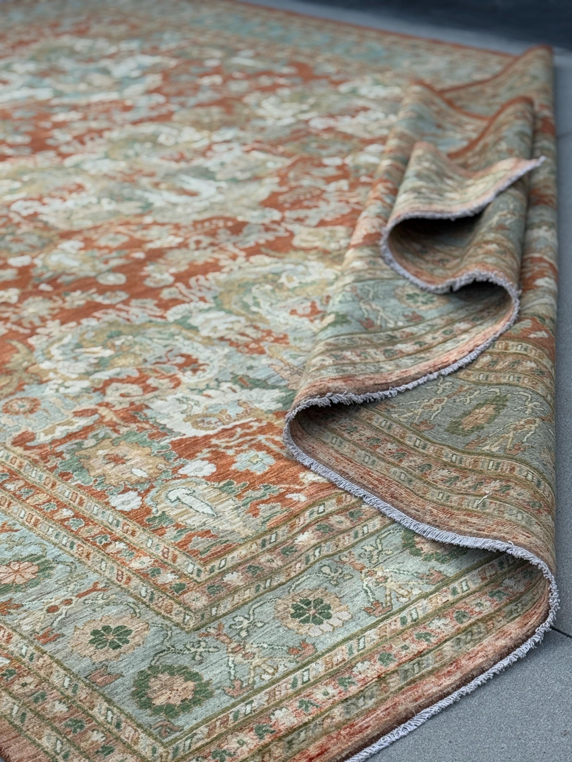 10x14 Handmade Afghan Wool Rug | Rust and Sage Oushak Style Area Rug | Hand-Knotted Traditional Carpet | Classic Living Room Decor