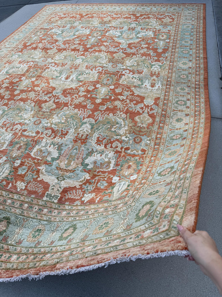 10x14 Handmade Afghan Wool Rug | Rust and Sage Oushak Style Area Rug | Hand-Knotted Traditional Carpet | Classic Living Room Decor
