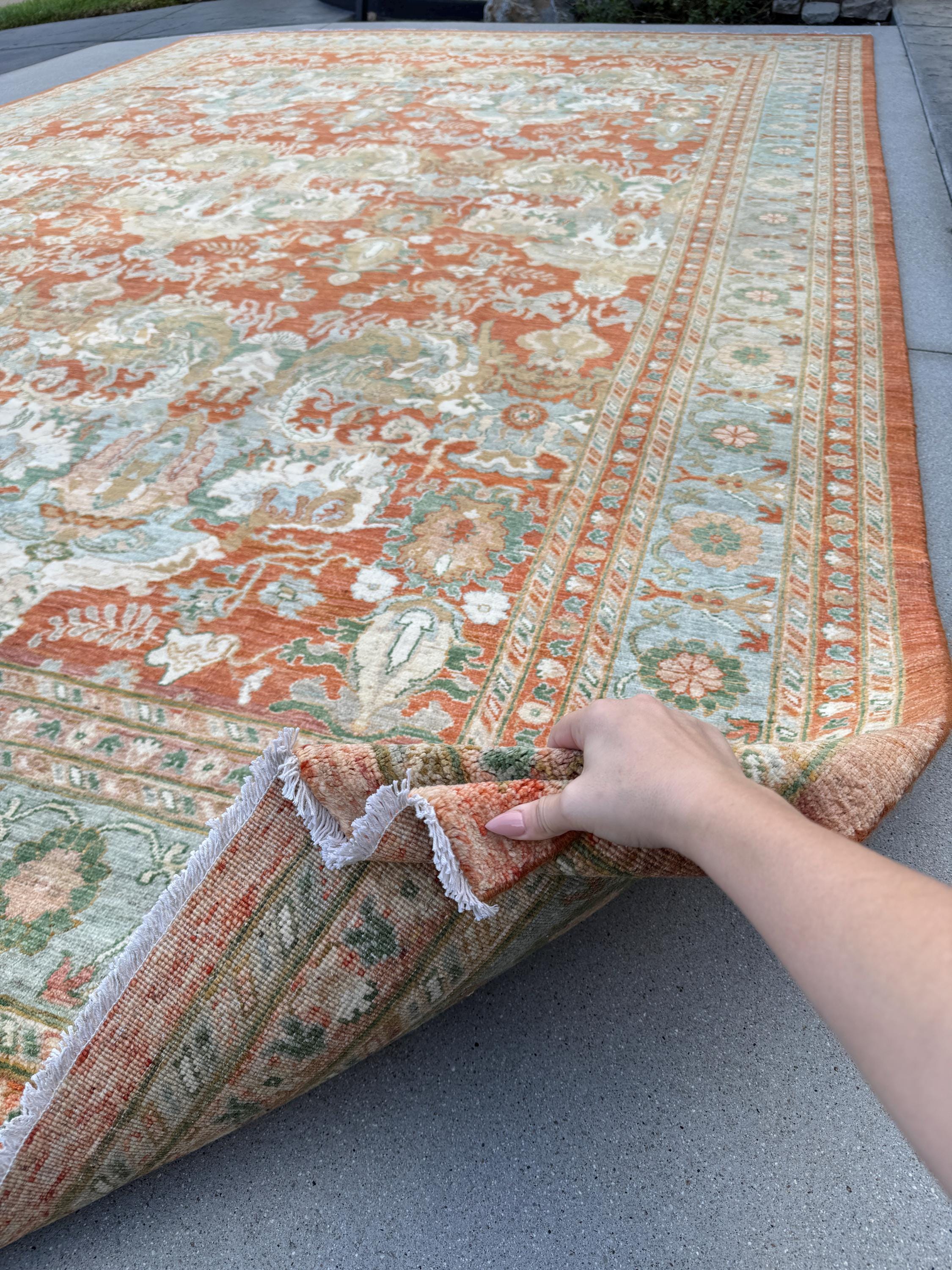 10x14 Handmade Afghan Wool Rug | Rust and Sage Oushak Style Area Rug | Hand-Knotted Traditional Carpet | Classic Living Room Decor