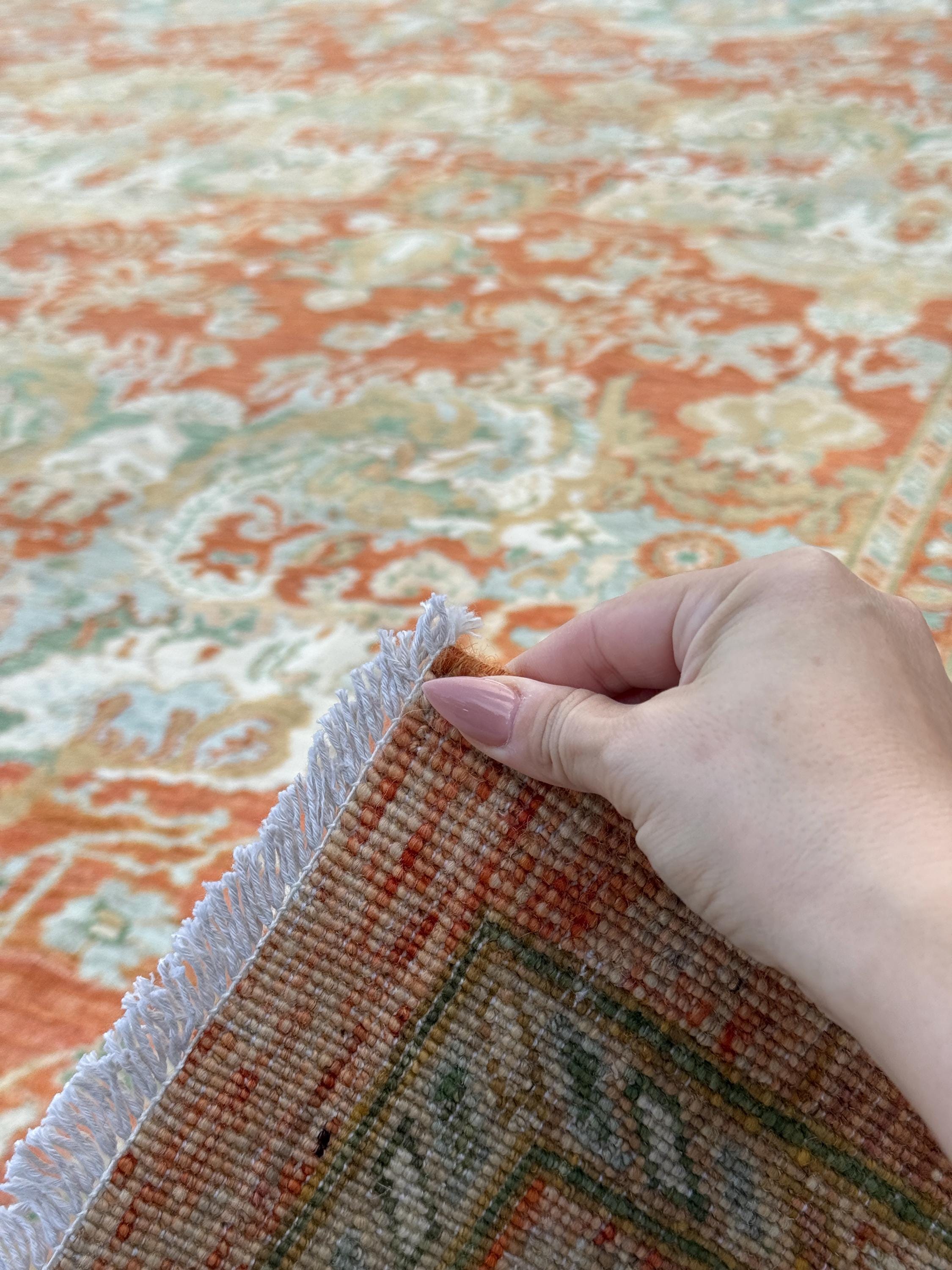 10x14 Handmade Afghan Wool Rug | Rust and Sage Oushak Style Area Rug | Hand-Knotted Traditional Carpet | Classic Living Room Decor