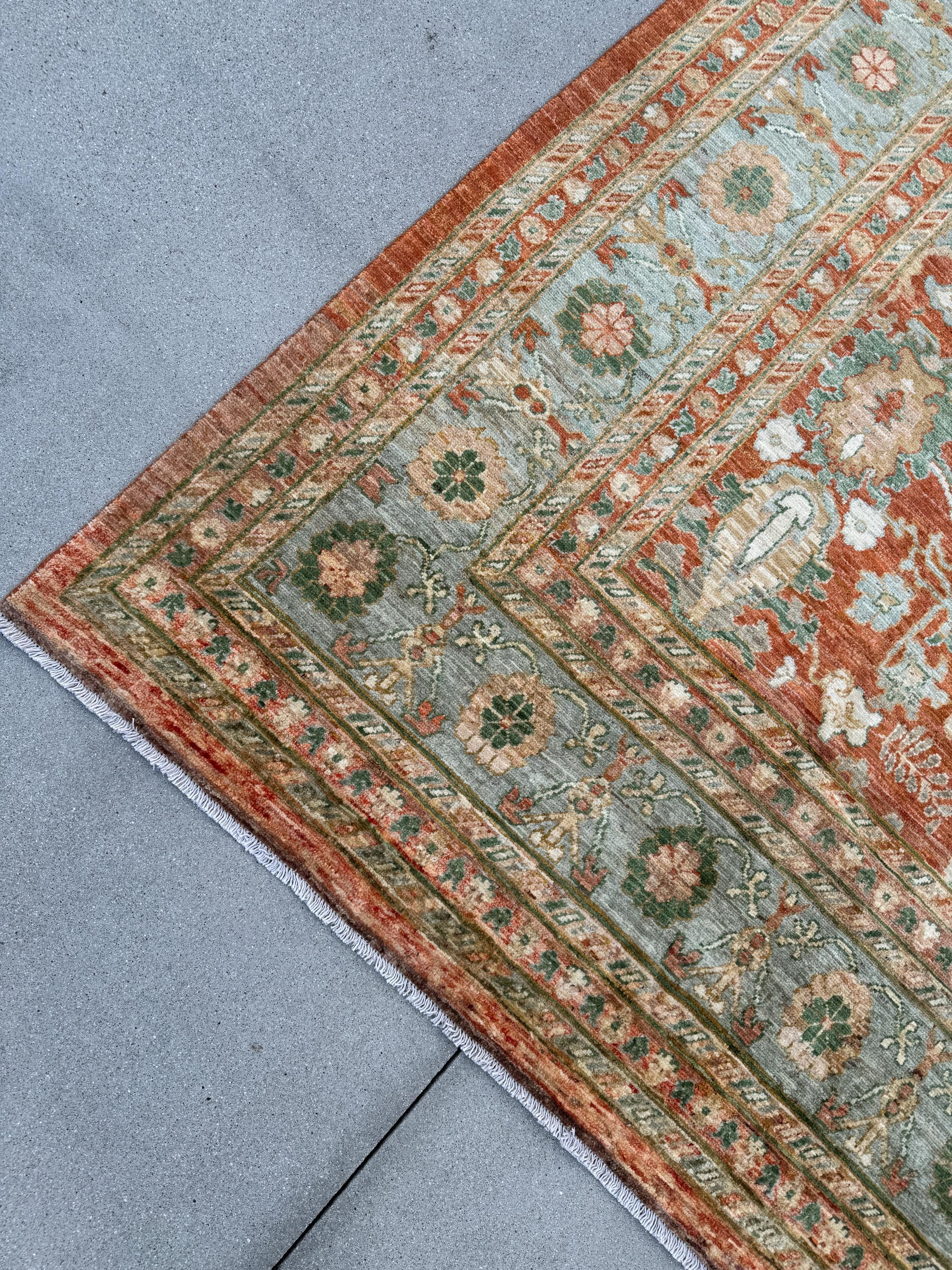 10x14 Handmade Afghan Wool Rug | Rust and Sage Oushak Style Area Rug | Hand-Knotted Traditional Carpet | Classic Living Room Decor