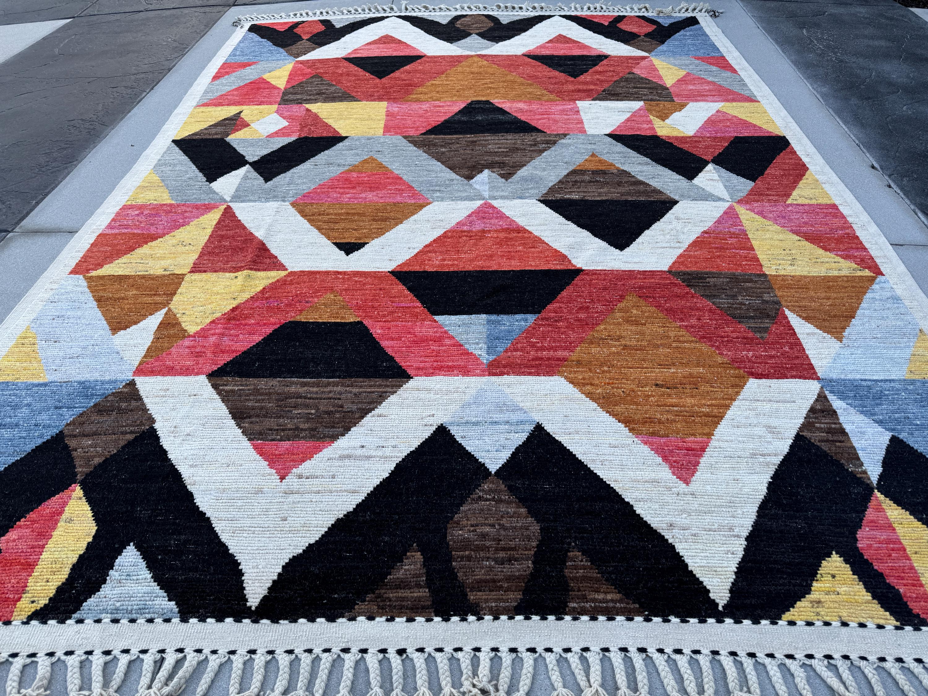 10x15 Handmade Afghan Wool Rug | Berber Bazaar Collection | Moroccan-Inspired Geometric Area Rug | Red, Mustard & Black