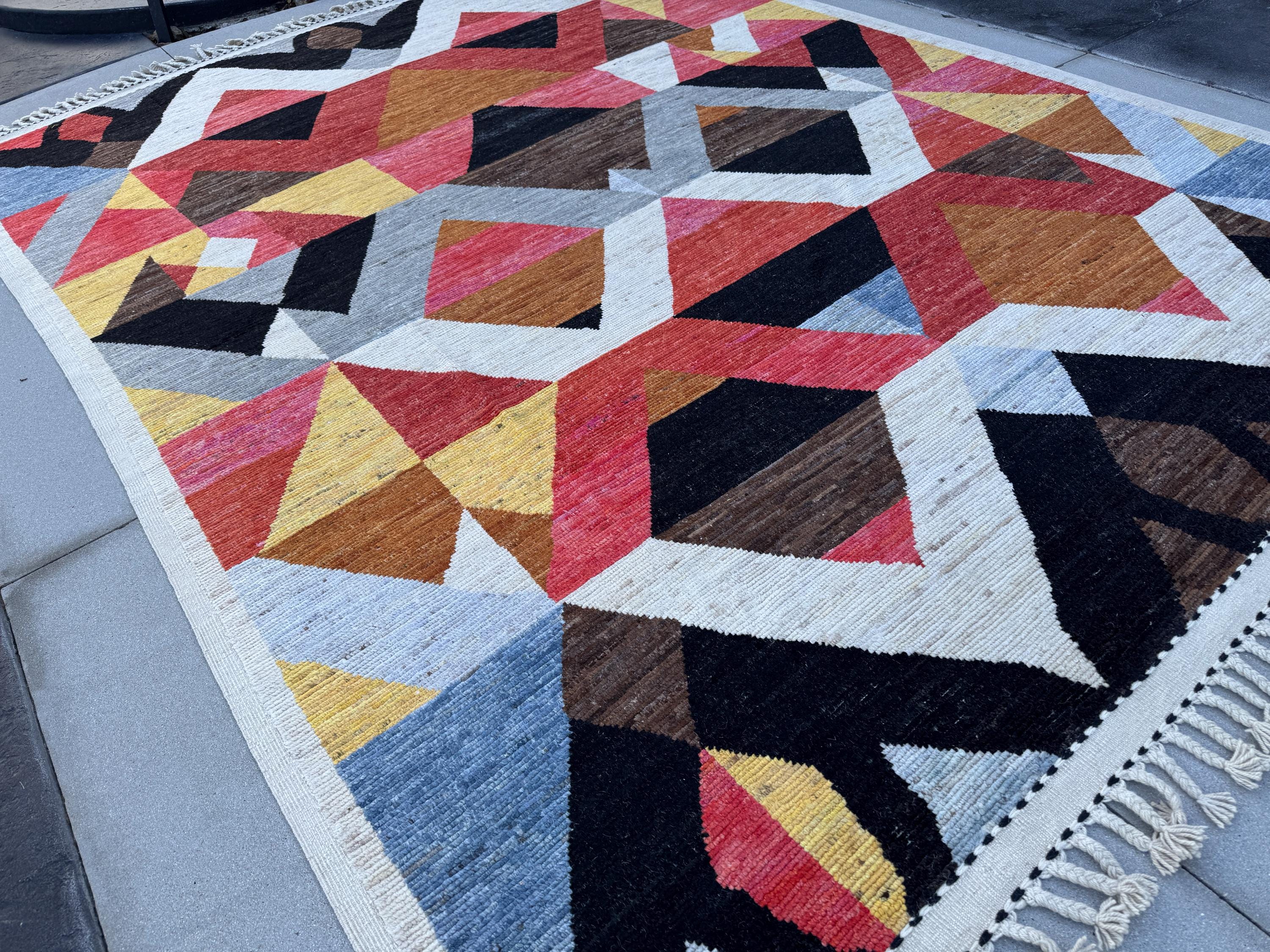 10x15 Handmade Afghan Wool Rug | Berber Bazaar Collection | Moroccan-Inspired Geometric Area Rug | Red, Mustard & Black