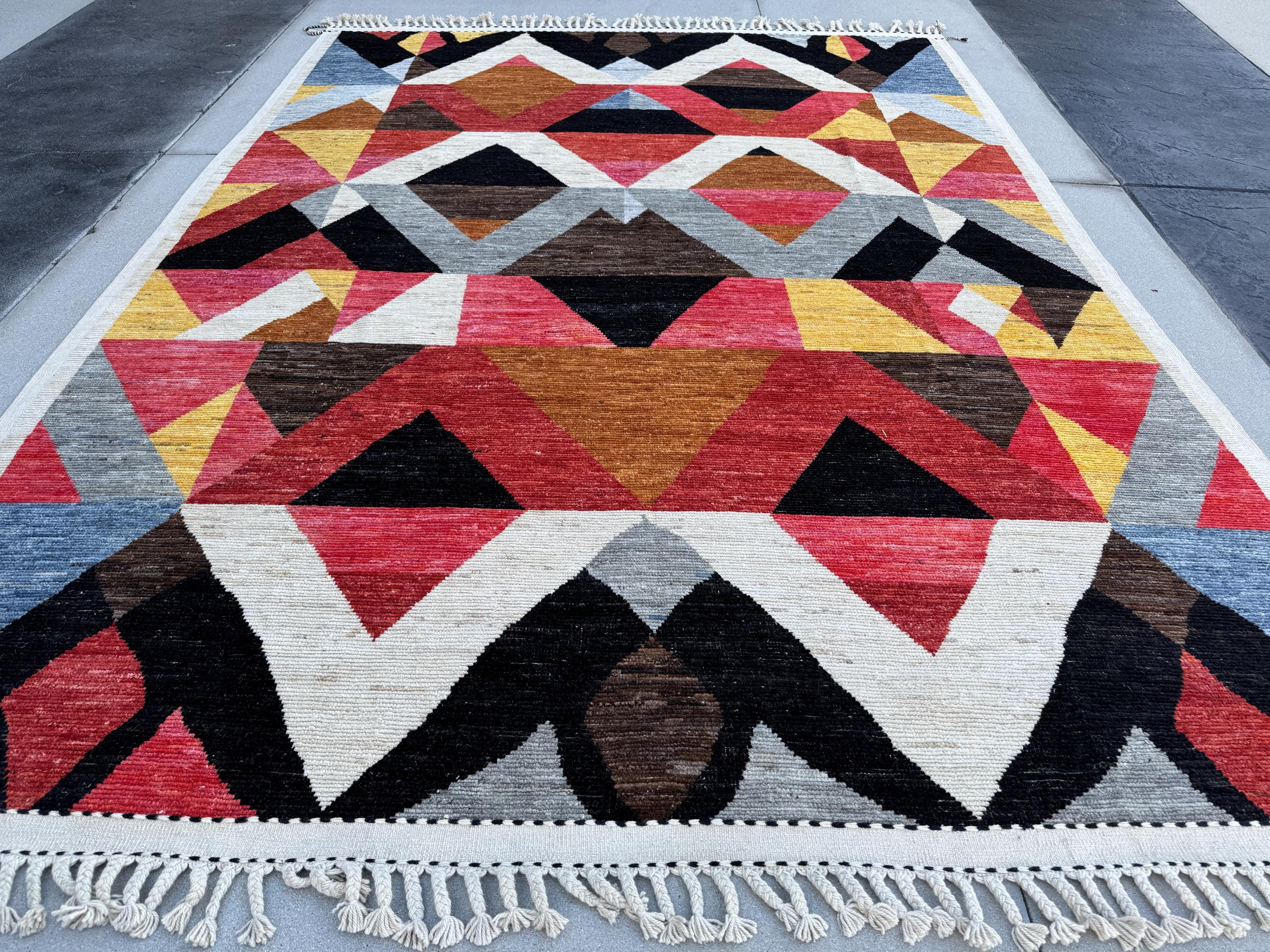 10x15 Handmade Afghan Wool Rug | Berber Bazaar Collection | Moroccan-Inspired Geometric Area Rug | Red, Mustard & Black