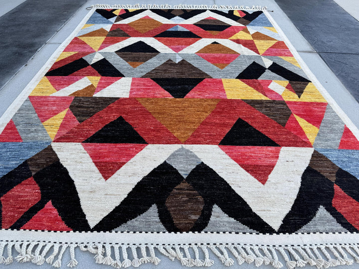 10x15 Handmade Afghan Wool Rug | Berber Bazaar Collection | Moroccan-Inspired Geometric Area Rug | Red, Mustard & Black