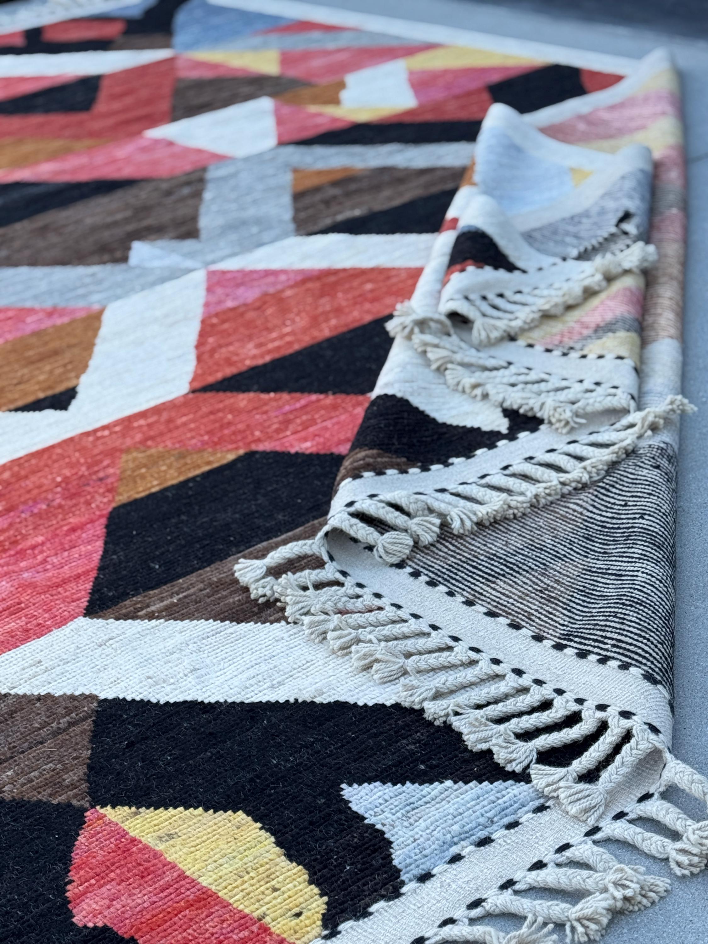 10x15 Handmade Afghan Wool Rug | Berber Bazaar Collection | Moroccan-Inspired Geometric Area Rug | Red, Mustard & Black