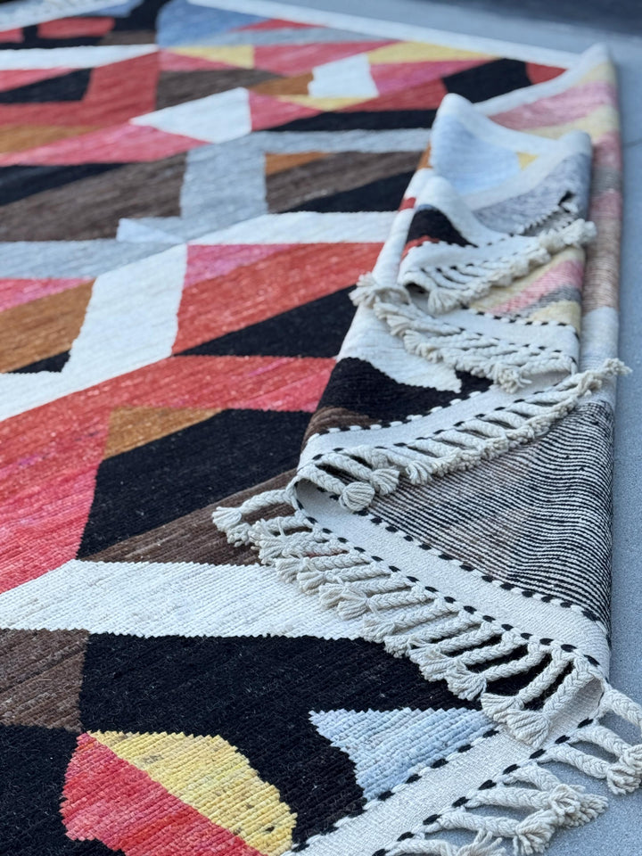 10x15 Handmade Afghan Wool Rug | Berber Bazaar Collection | Moroccan-Inspired Geometric Area Rug | Red, Mustard & Black