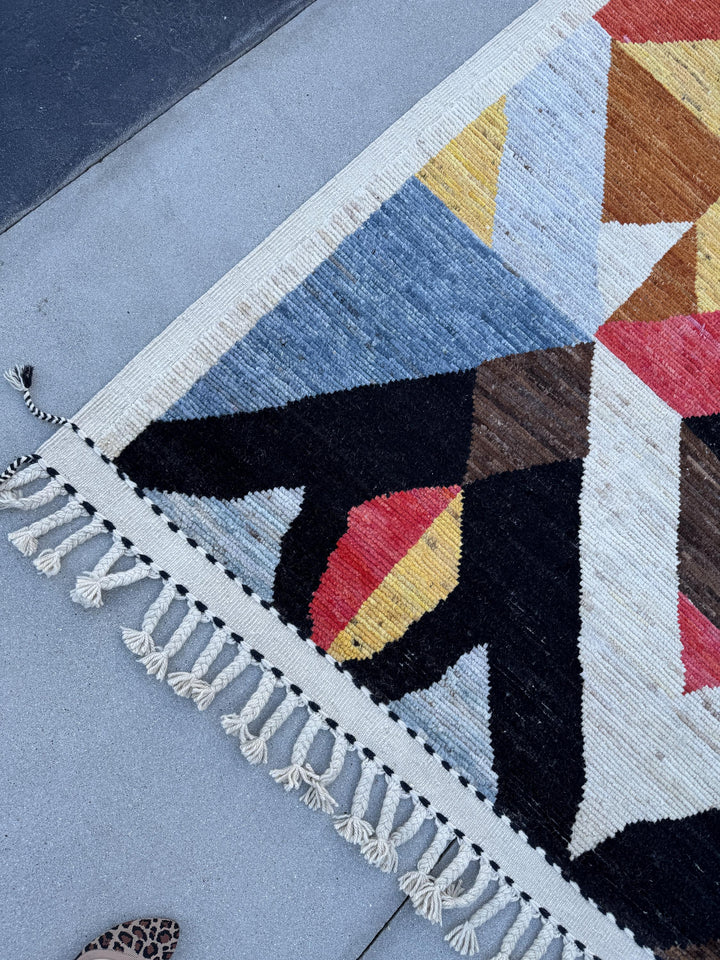 10x15 Handmade Afghan Wool Rug | Berber Bazaar Collection | Moroccan-Inspired Geometric Area Rug | Red, Mustard & Black