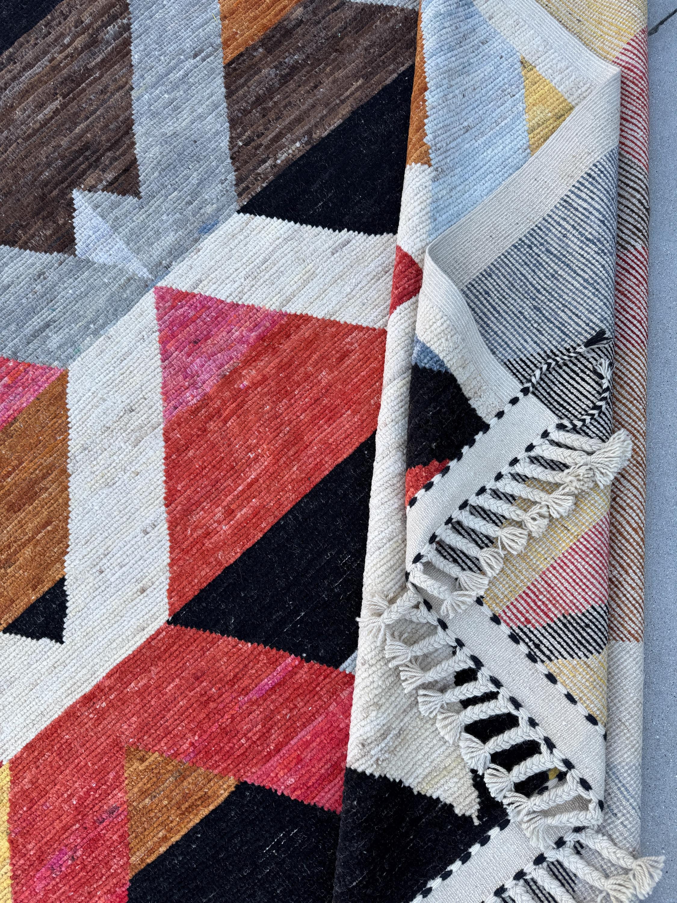 10x15 Handmade Afghan Wool Rug | Berber Bazaar Collection | Moroccan-Inspired Geometric Area Rug | Red, Mustard & Black