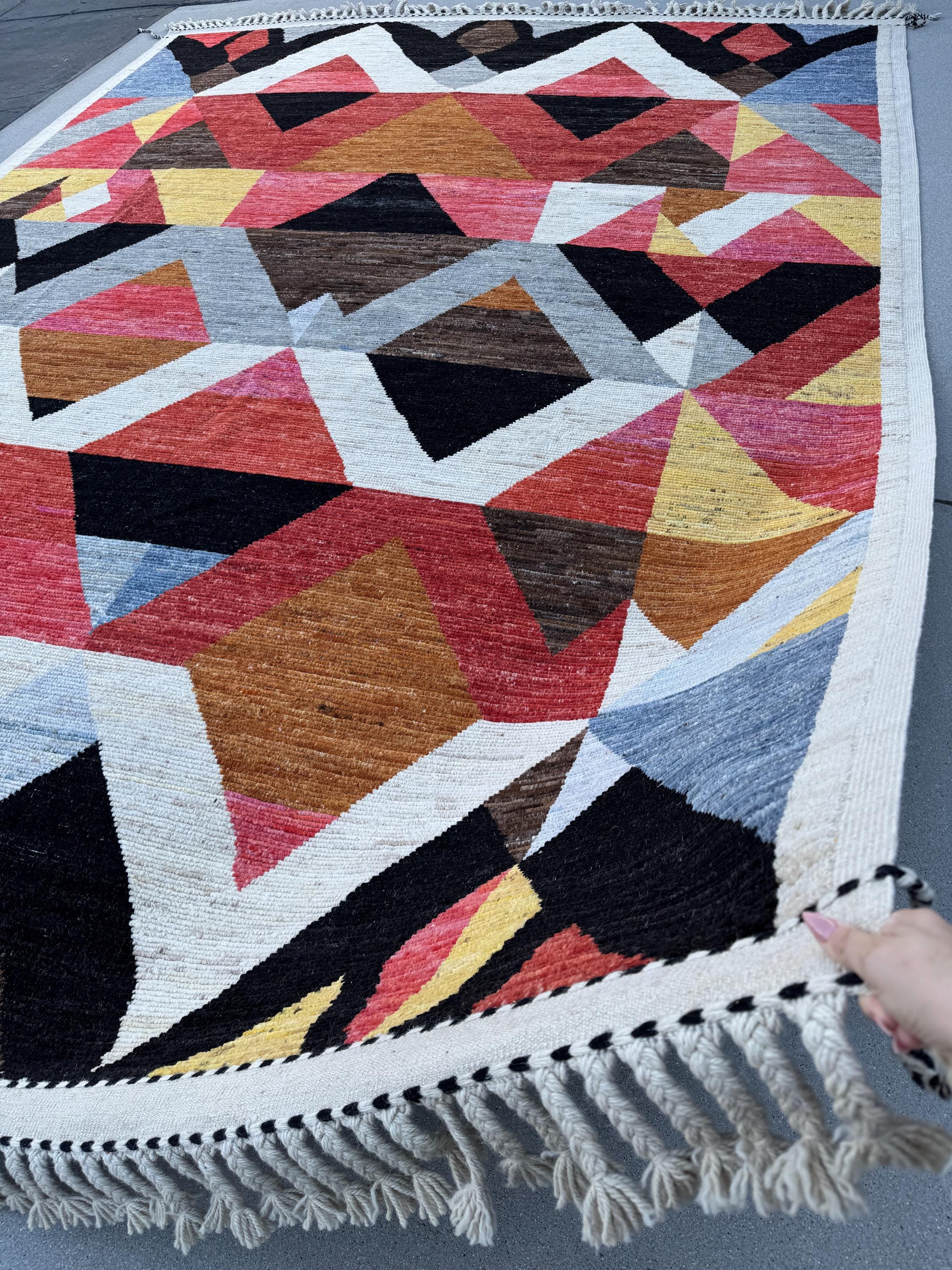 10x15 Handmade Afghan Wool Rug | Berber Bazaar Collection | Moroccan-Inspired Geometric Area Rug | Red, Mustard & Black