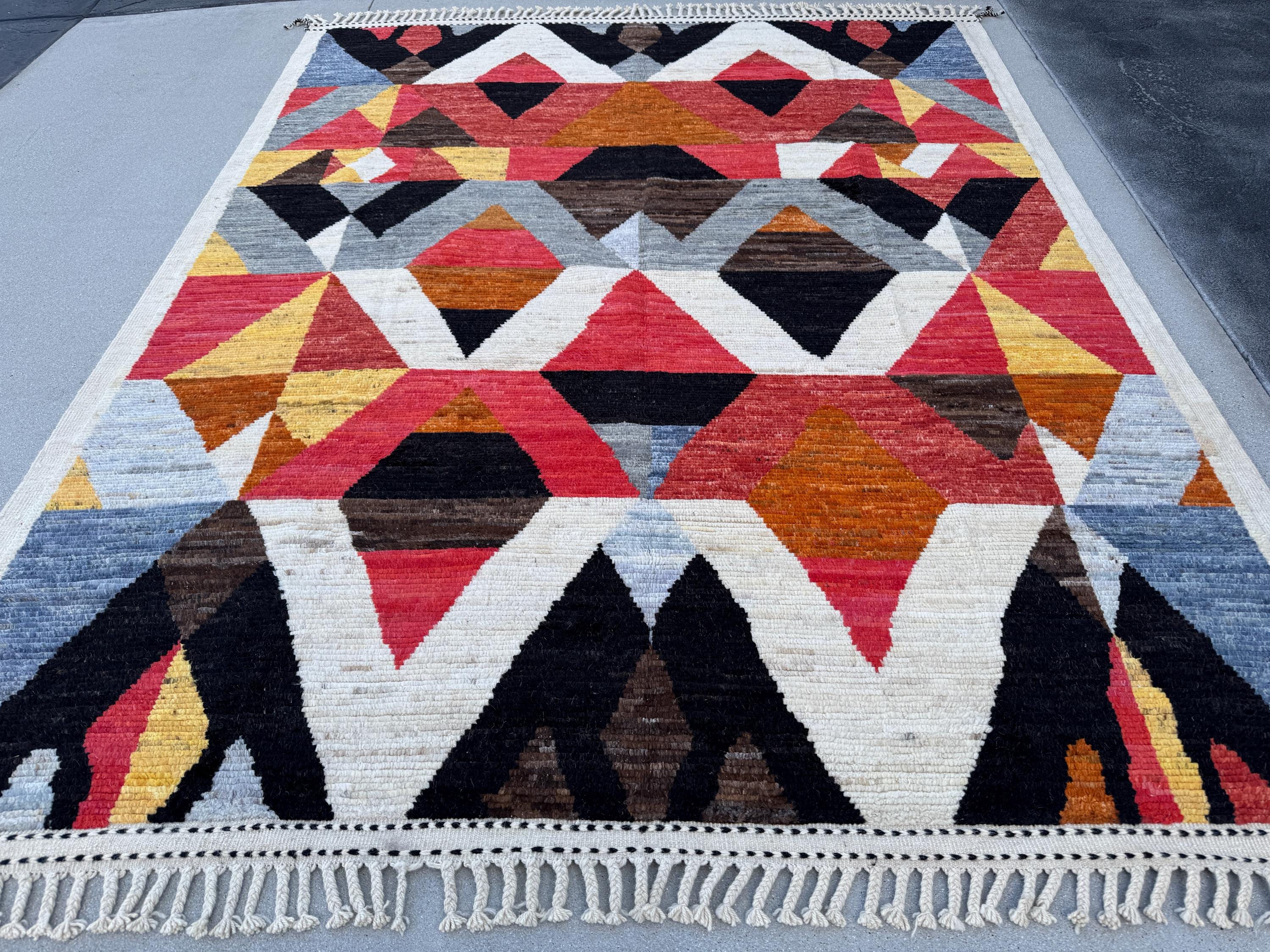 8x11 Handmade Afghan Wool Rug | Berber Bazaar Collection | Moroccan-Inspired Geometric Area Rug | Red, Mustard & Black