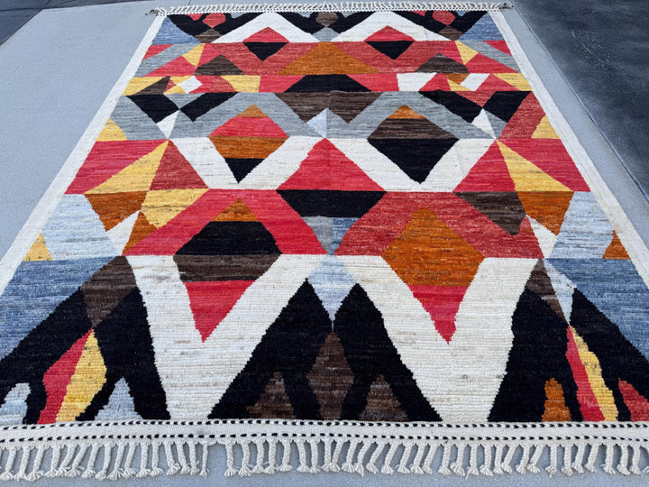 8x11 Handmade Afghan Wool Rug | Berber Bazaar Collection | Moroccan-Inspired Geometric Area Rug | Red, Mustard & Black