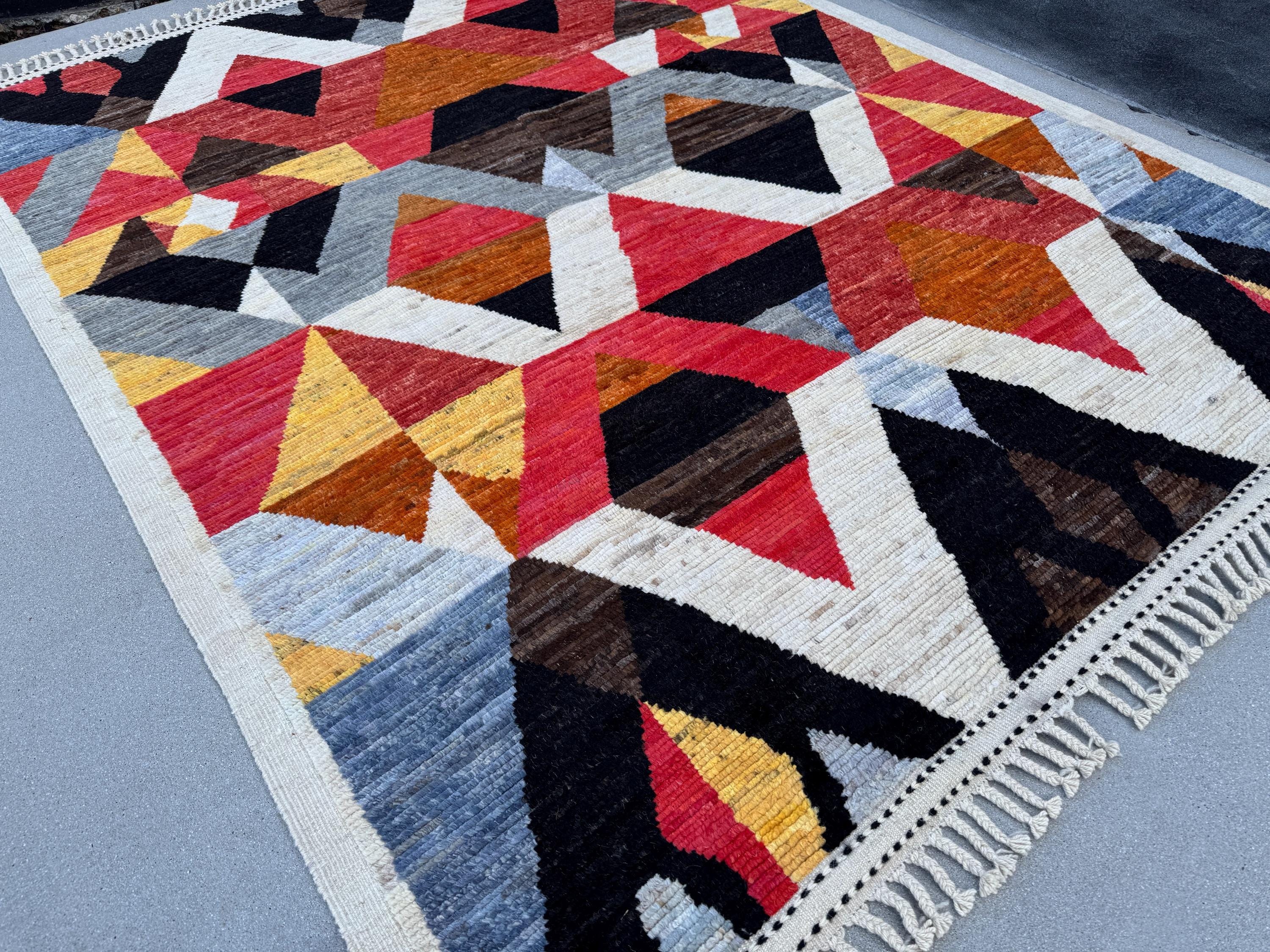 8x11 Handmade Afghan Wool Rug | Berber Bazaar Collection | Moroccan-Inspired Geometric Area Rug | Red, Mustard & Black