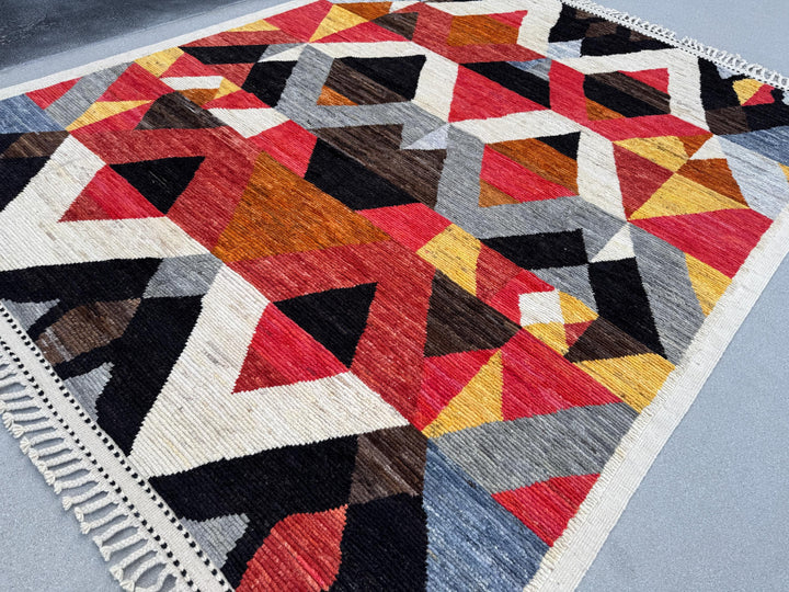 8x11 Handmade Afghan Wool Rug | Berber Bazaar Collection | Moroccan-Inspired Geometric Area Rug | Red, Mustard & Black