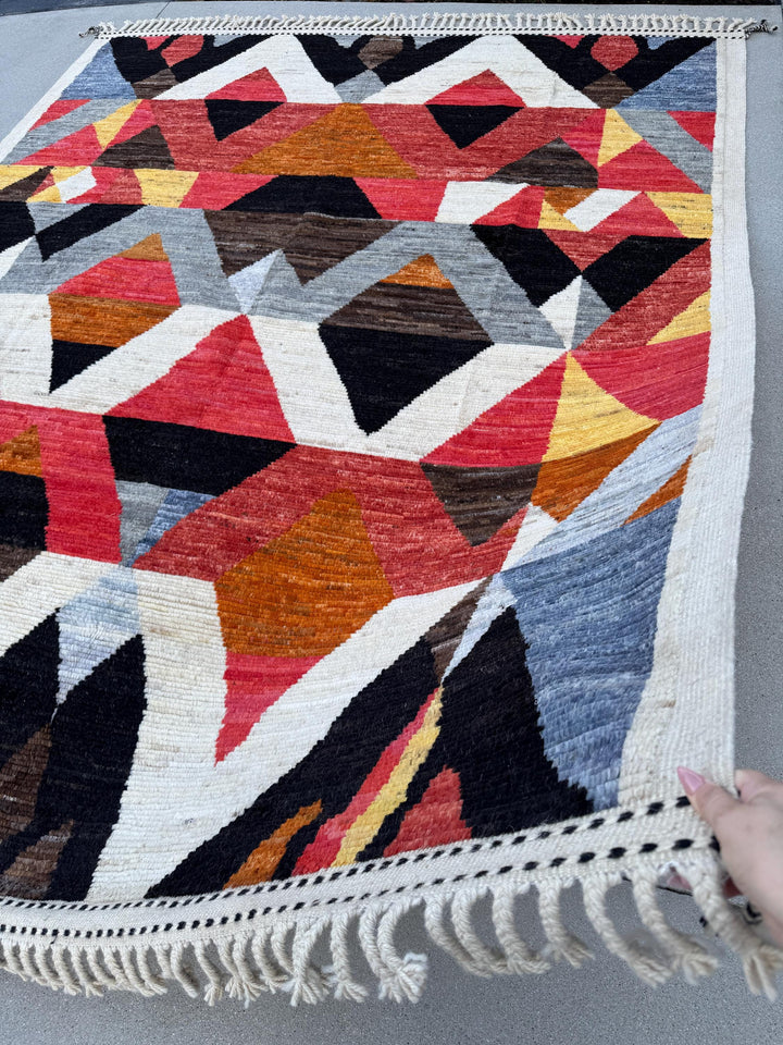 8x11 Handmade Afghan Wool Rug | Berber Bazaar Collection | Moroccan-Inspired Geometric Area Rug | Red, Mustard & Black