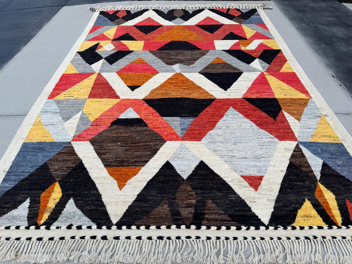 9x13 Handmade Afghan Wool Rug | Berber Bazaar Collection | Moroccan-Inspired Geometric Area Rug | Red, Mustard & Black