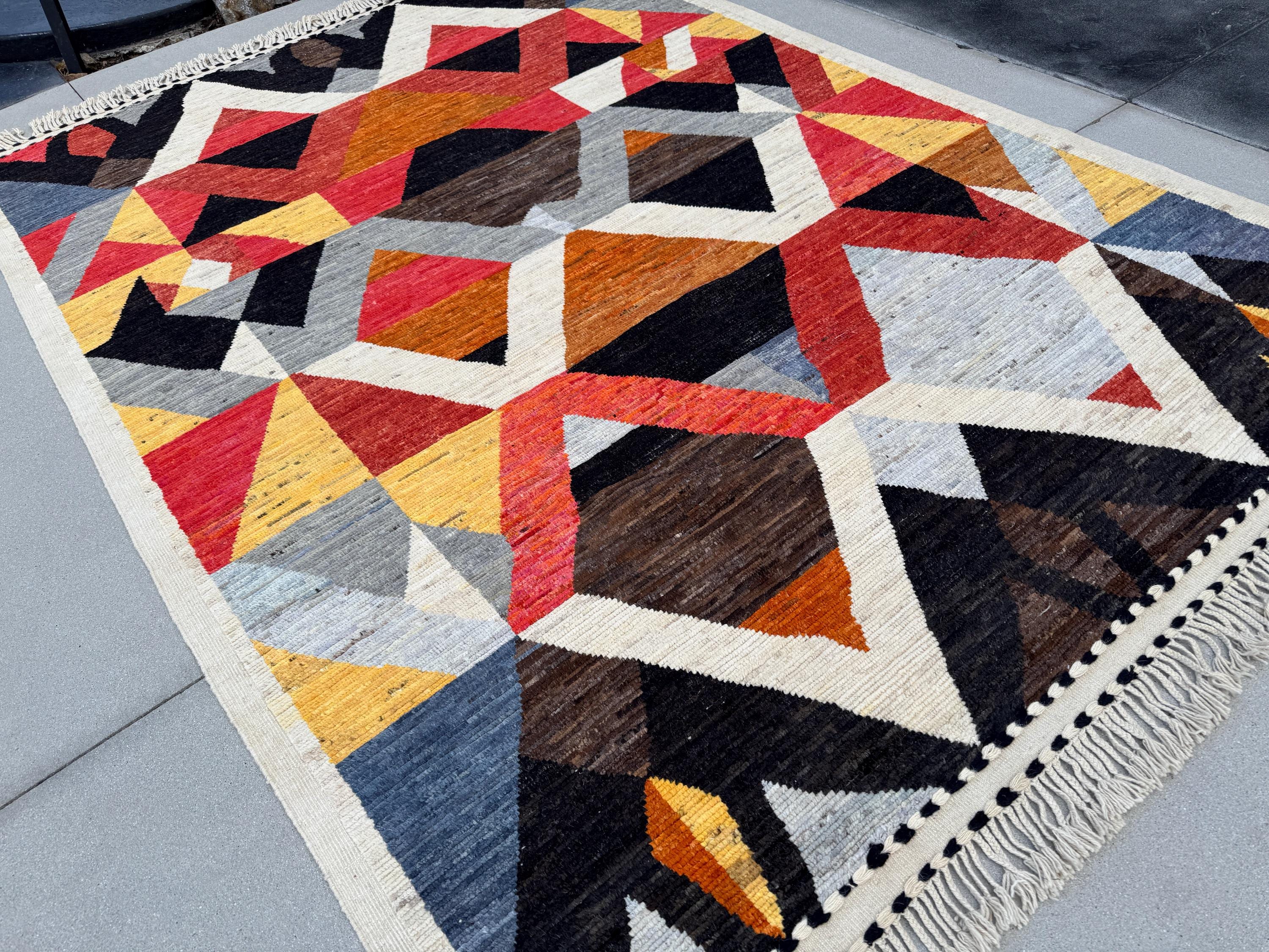9x13 Handmade Afghan Wool Rug | Berber Bazaar Collection | Moroccan-Inspired Geometric Area Rug | Red, Mustard & Black