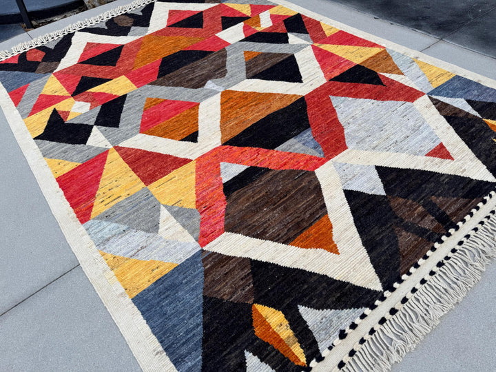 9x13 Handmade Afghan Wool Rug | Berber Bazaar Collection | Moroccan-Inspired Geometric Area Rug | Red, Mustard & Black