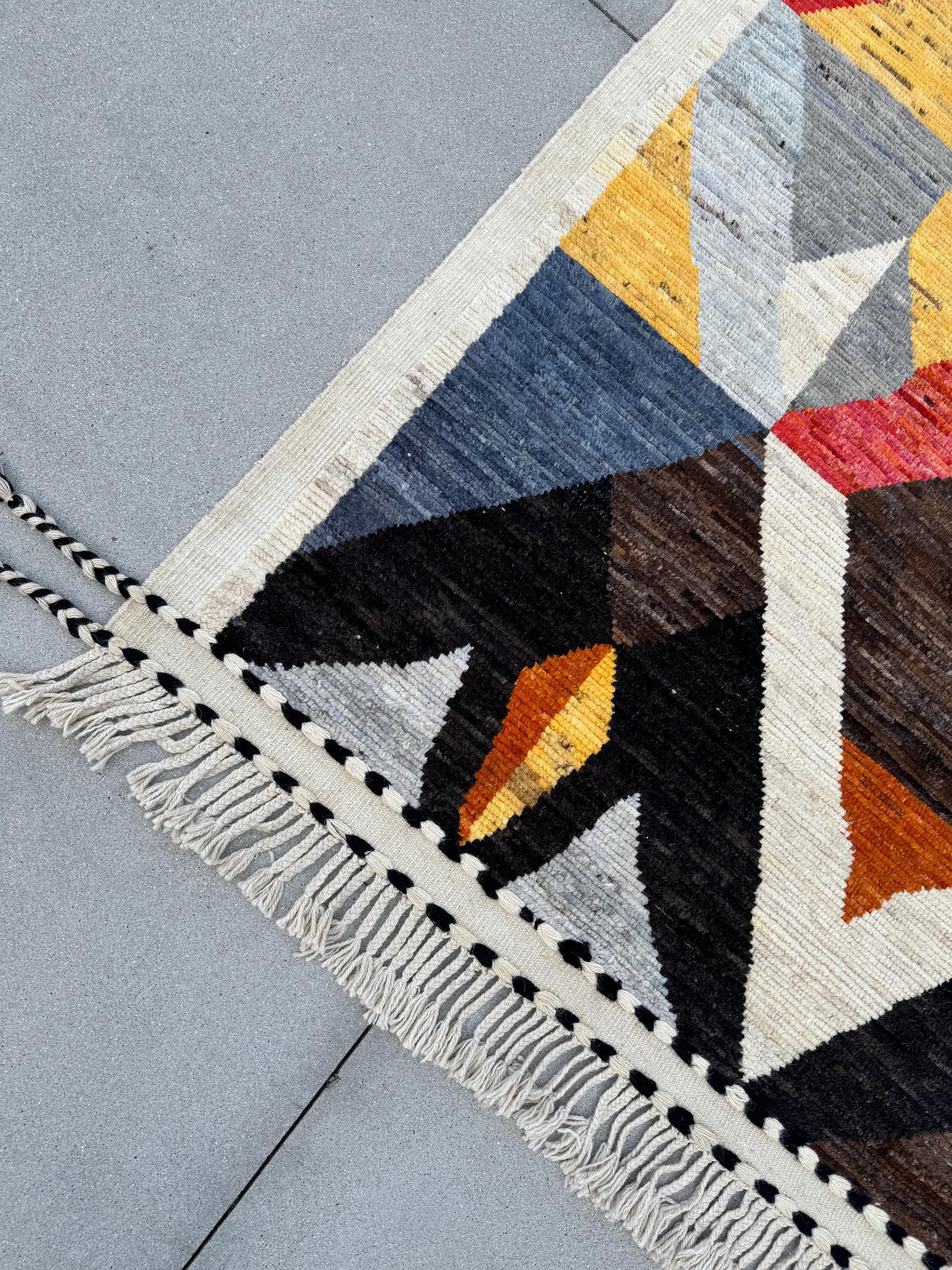 9x13 Handmade Afghan Wool Rug | Berber Bazaar Collection | Moroccan-Inspired Geometric Area Rug | Red, Mustard & Black