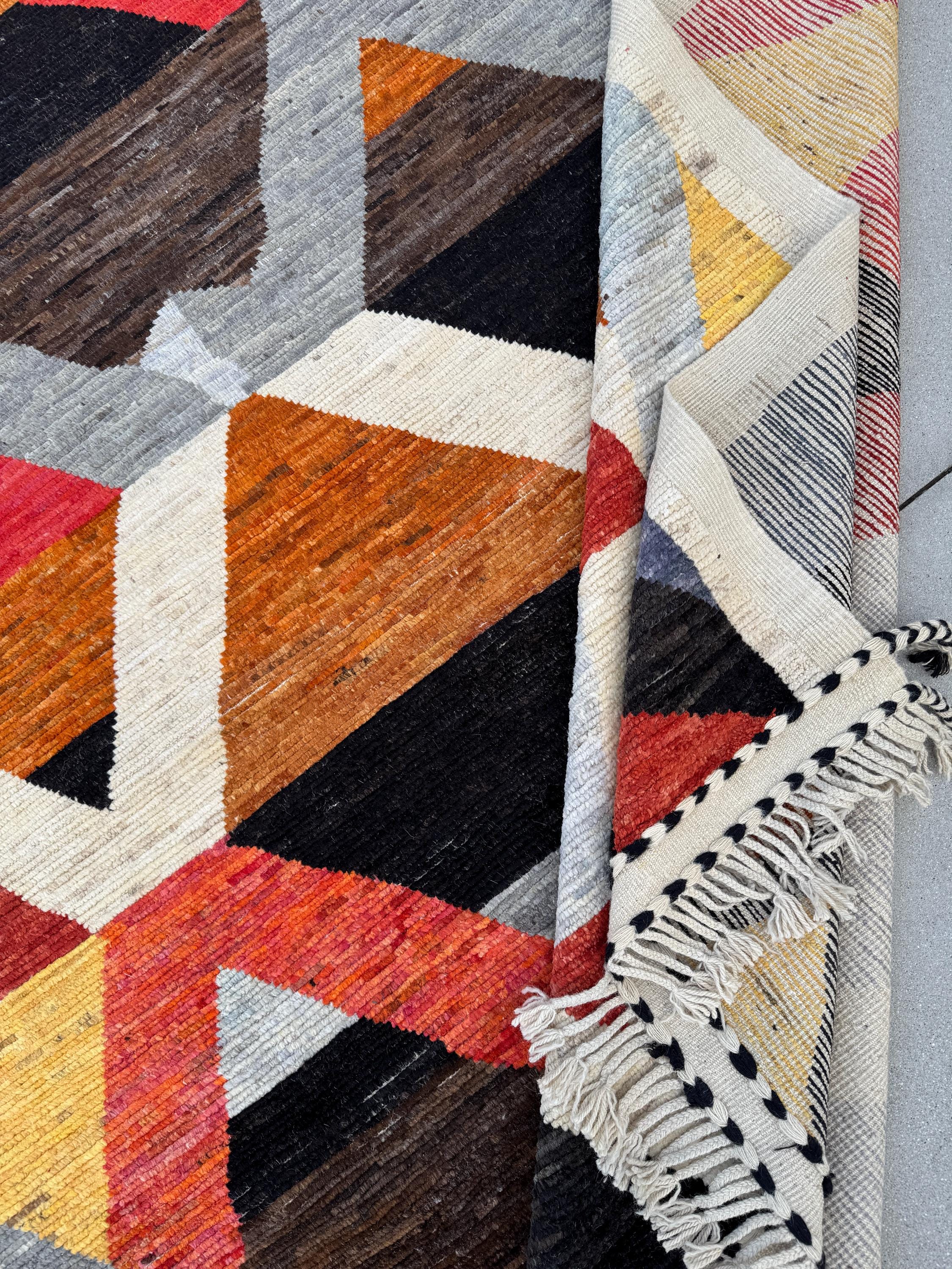 9x13 Handmade Afghan Wool Rug | Berber Bazaar Collection | Moroccan-Inspired Geometric Area Rug | Red, Mustard & Black