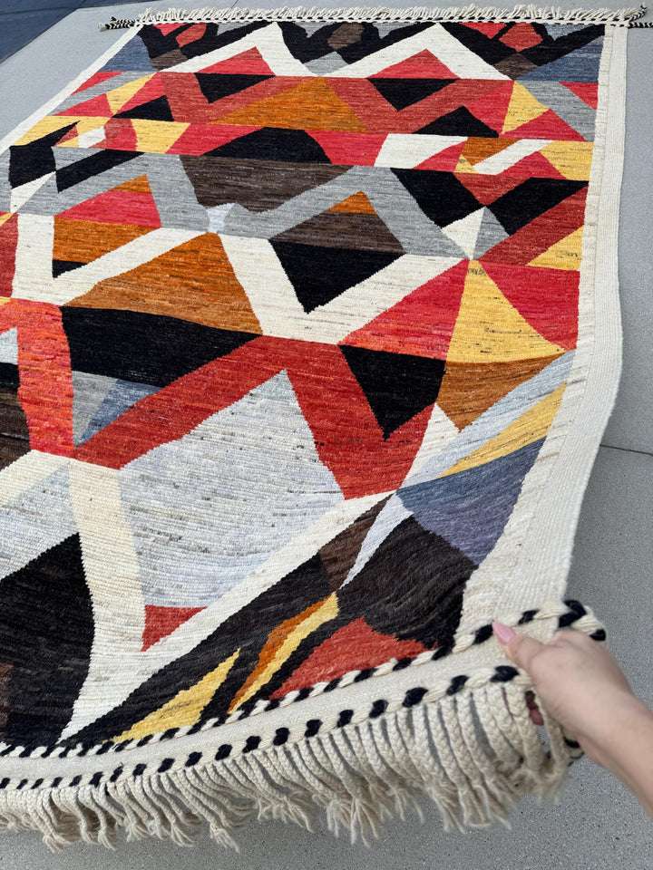 9x13 Handmade Afghan Wool Rug | Berber Bazaar Collection | Moroccan-Inspired Geometric Area Rug | Red, Mustard & Black