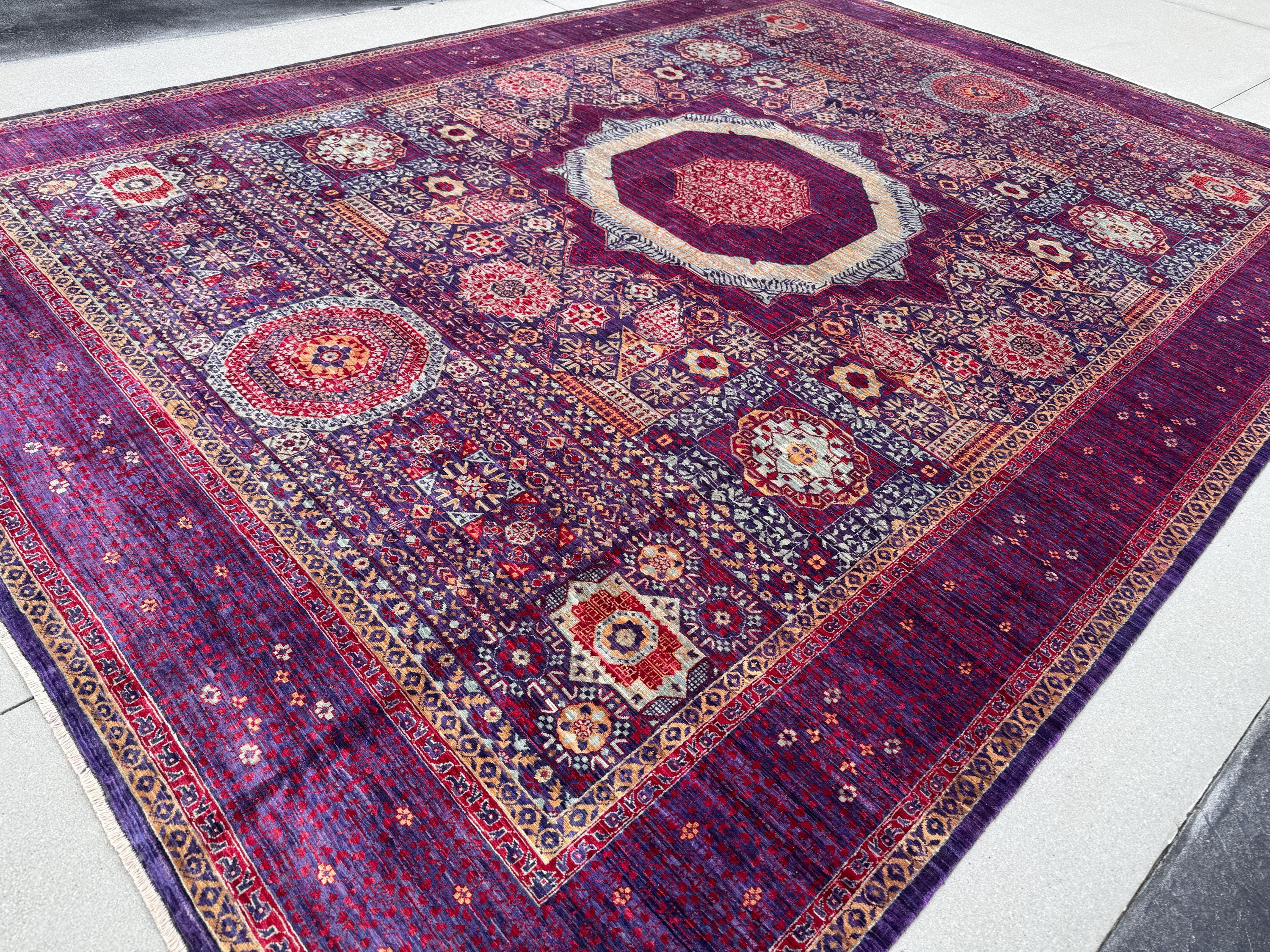 10x14 Handmade Afghan Mamluk Wool Rug | Purple and Red Oriental Area Rug | Hand-Knotted Geometric Carpet | Traditional Living Room Decor