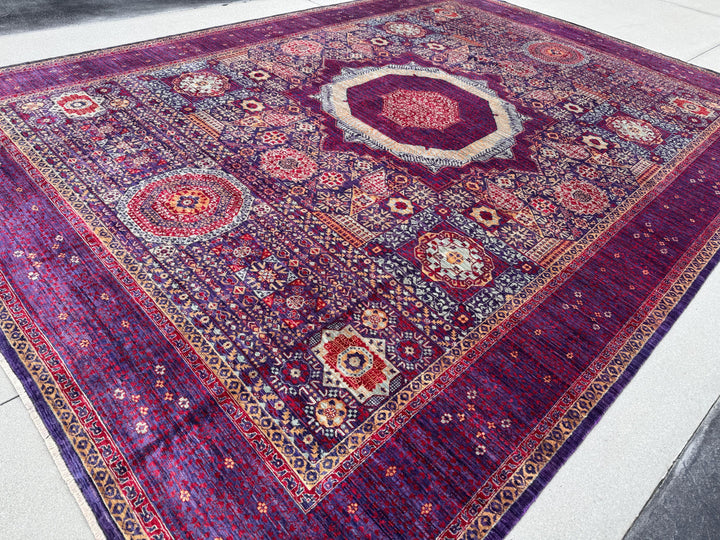 10x14 Handmade Afghan Mamluk Wool Rug | Purple and Red Oriental Area Rug | Hand-Knotted Geometric Carpet | Traditional Living Room Decor
