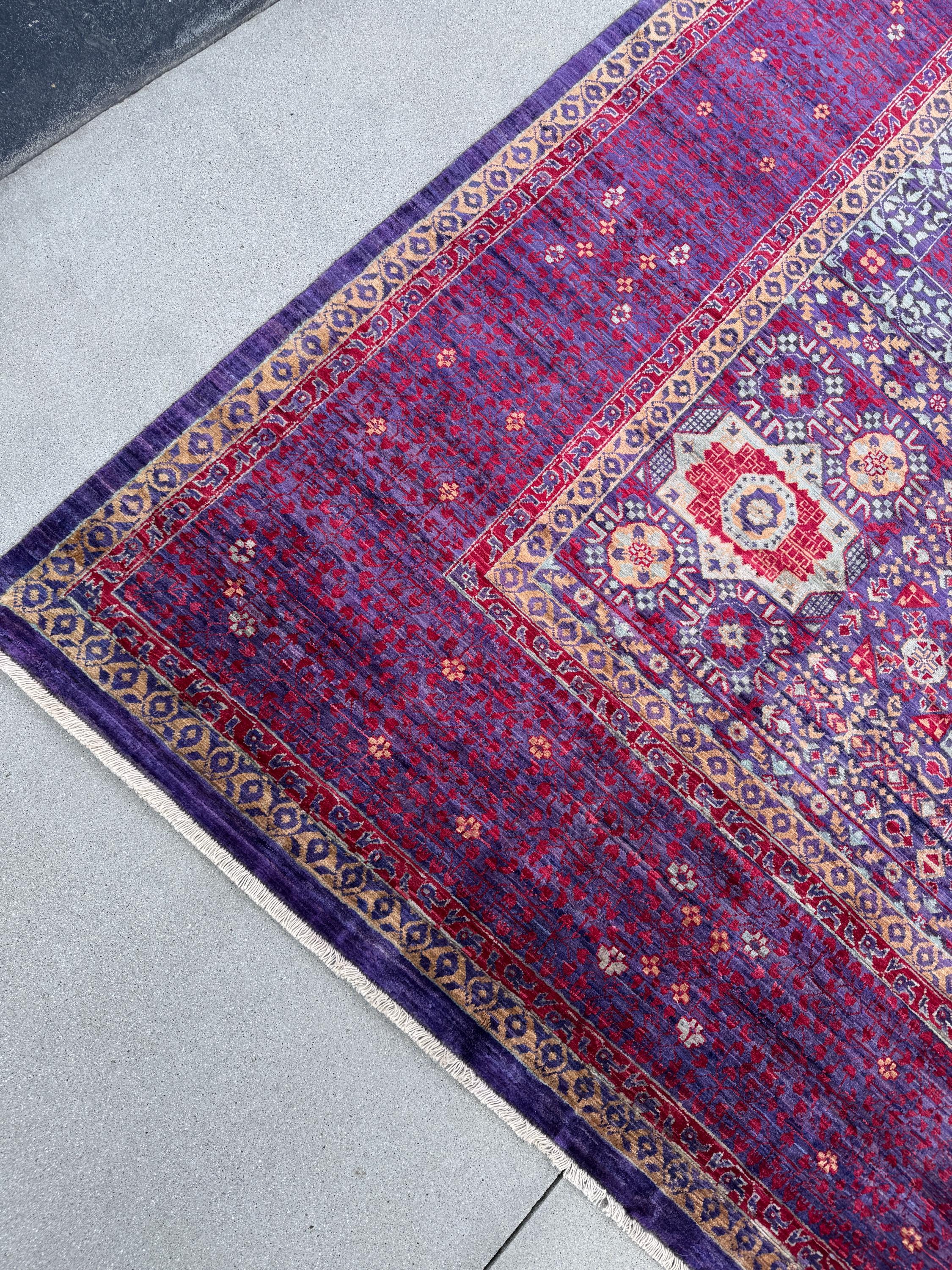 10x14 Handmade Afghan Mamluk Wool Rug | Purple and Red Oriental Area Rug | Hand-Knotted Geometric Carpet | Traditional Living Room Decor