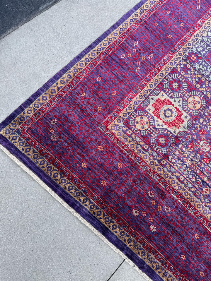 10x14 Handmade Afghan Mamluk Wool Rug | Purple and Red Oriental Area Rug | Hand-Knotted Geometric Carpet | Traditional Living Room Decor