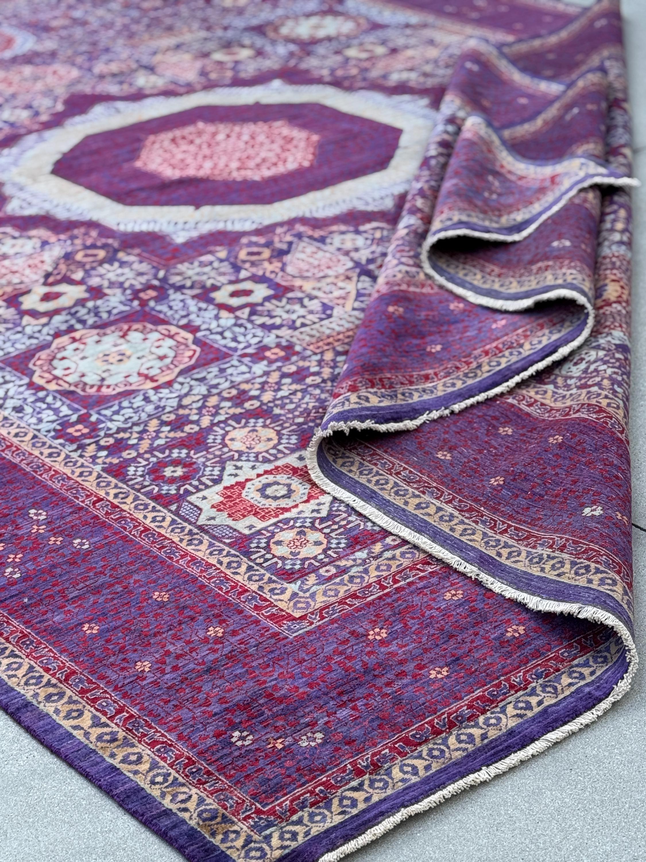 10x14 Handmade Afghan Mamluk Wool Rug | Purple and Red Oriental Area Rug | Hand-Knotted Geometric Carpet | Traditional Living Room Decor