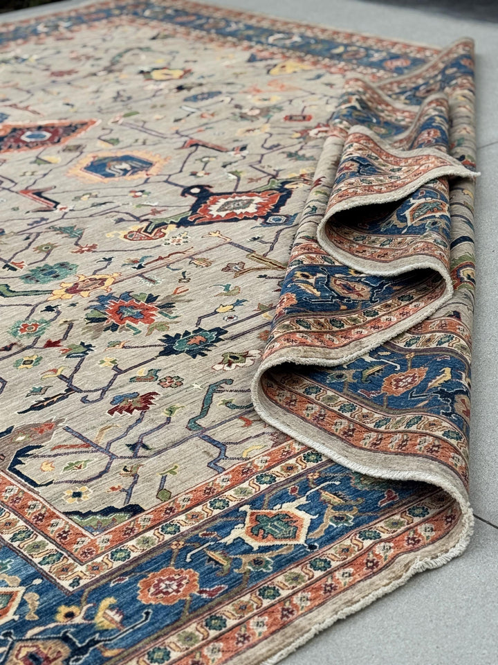 10x14 Handmade Afghan Wool Rug | Beige and Blue Heriz Style Area Rug | Hand-Knotted Tribal Carpet | Transitional Living Room Decor