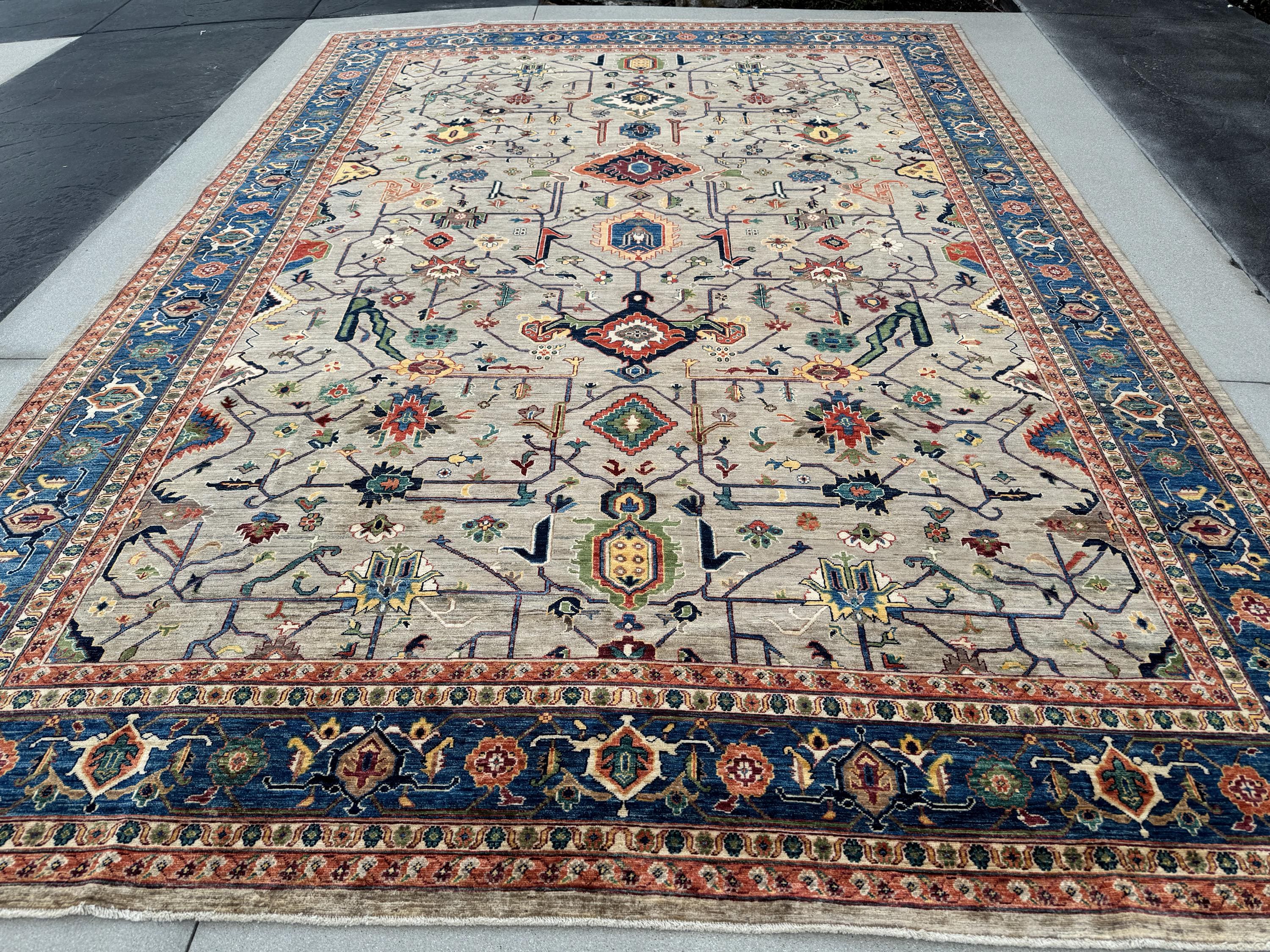 10x14 Handmade Afghan Wool Rug | Beige and Blue Heriz Style Area Rug | Hand-Knotted Tribal Carpet | Transitional Living Room Decor