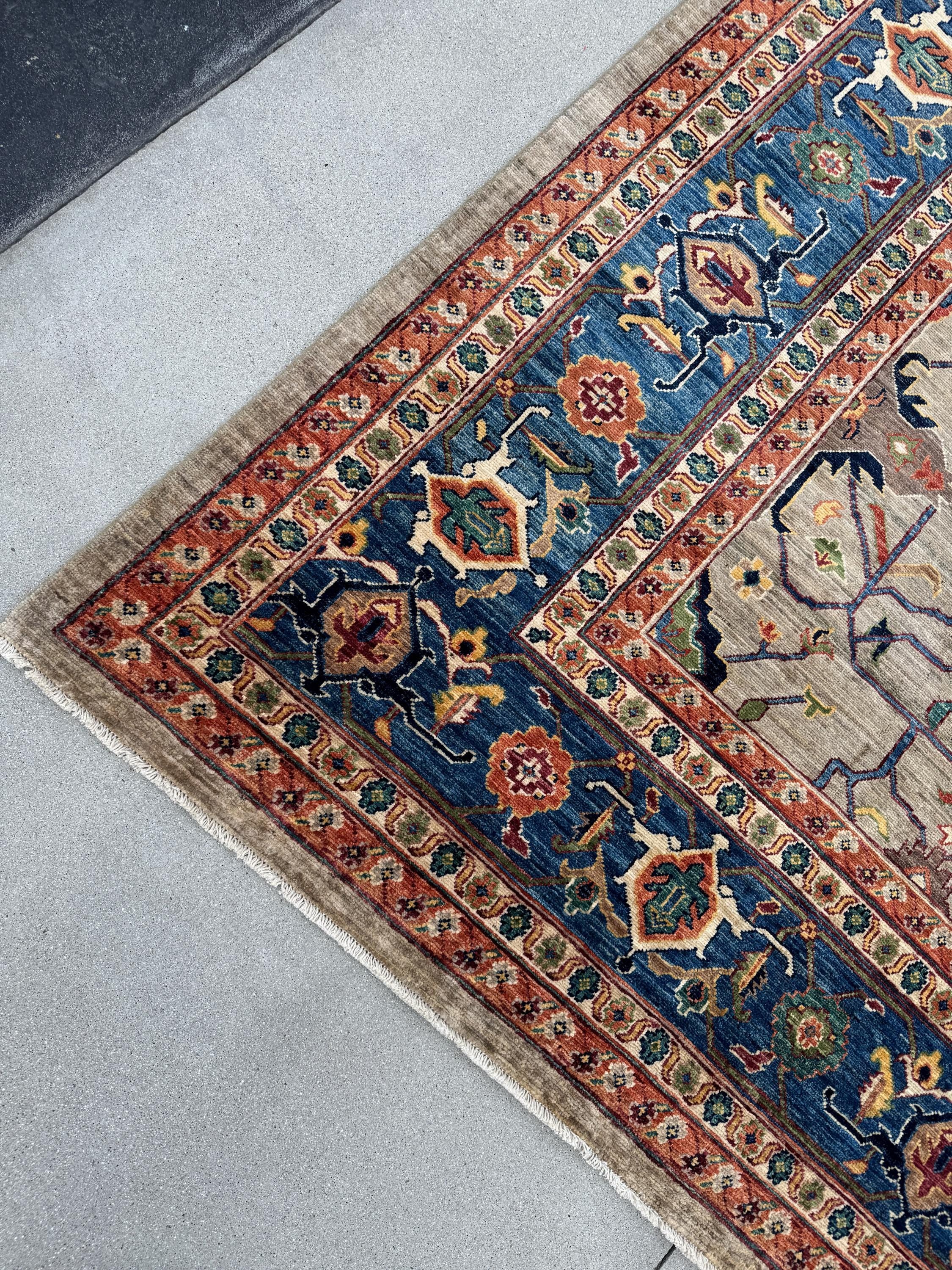 10x14 Handmade Afghan Wool Rug | Beige and Blue Heriz Style Area Rug | Hand-Knotted Tribal Carpet | Transitional Living Room Decor