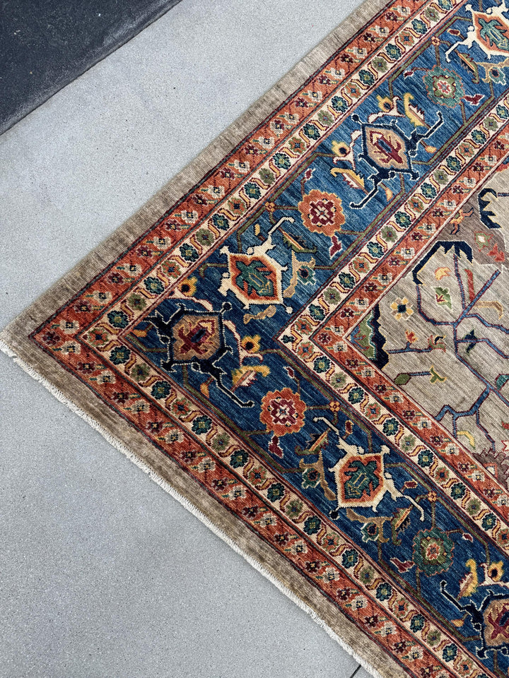 10x14 Handmade Afghan Wool Rug | Beige and Blue Heriz Style Area Rug | Hand-Knotted Tribal Carpet | Transitional Living Room Decor