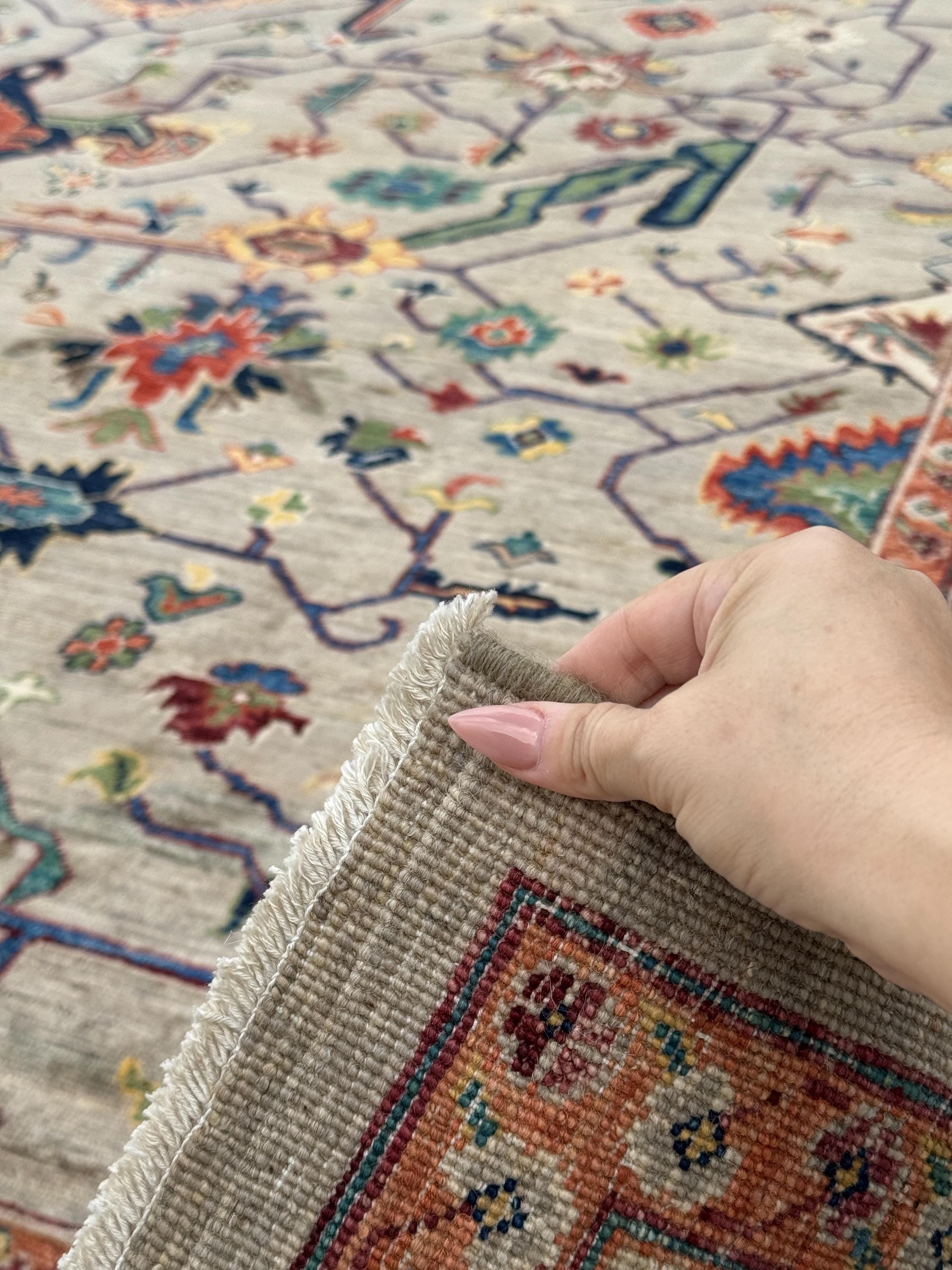 10x14 Handmade Afghan Wool Rug | Beige and Blue Heriz Style Area Rug | Hand-Knotted Tribal Carpet | Transitional Living Room Decor