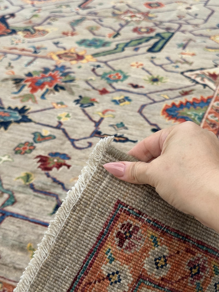 10x14 Handmade Afghan Wool Rug | Beige and Blue Heriz Style Area Rug | Hand-Knotted Tribal Carpet | Transitional Living Room Decor