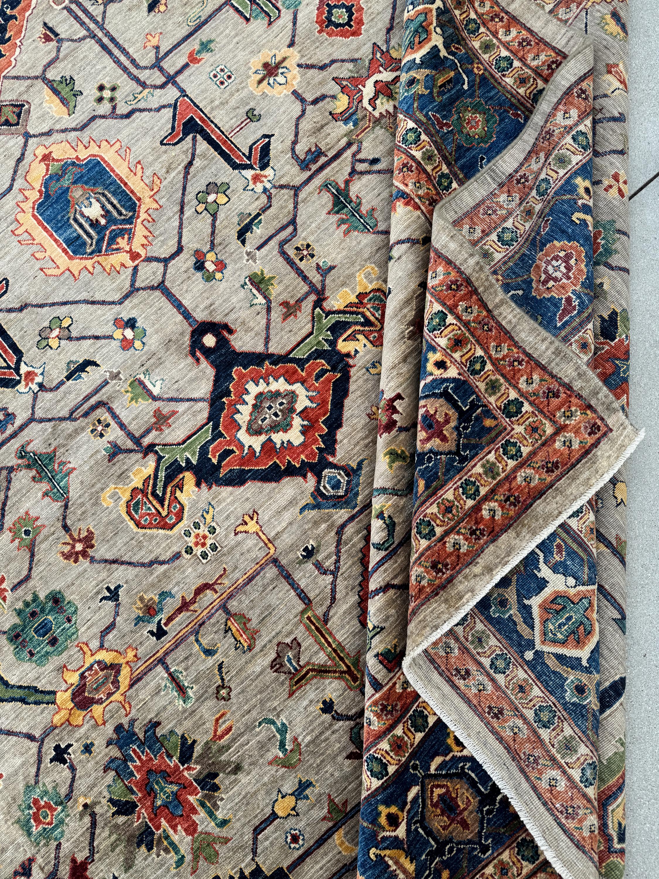 10x14 Handmade Afghan Wool Rug | Beige and Blue Heriz Style Area Rug | Hand-Knotted Tribal Carpet | Transitional Living Room Decor