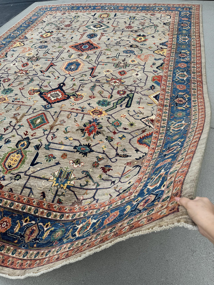 10x14 Handmade Afghan Wool Rug | Beige and Blue Heriz Style Area Rug | Hand-Knotted Tribal Carpet | Transitional Living Room Decor