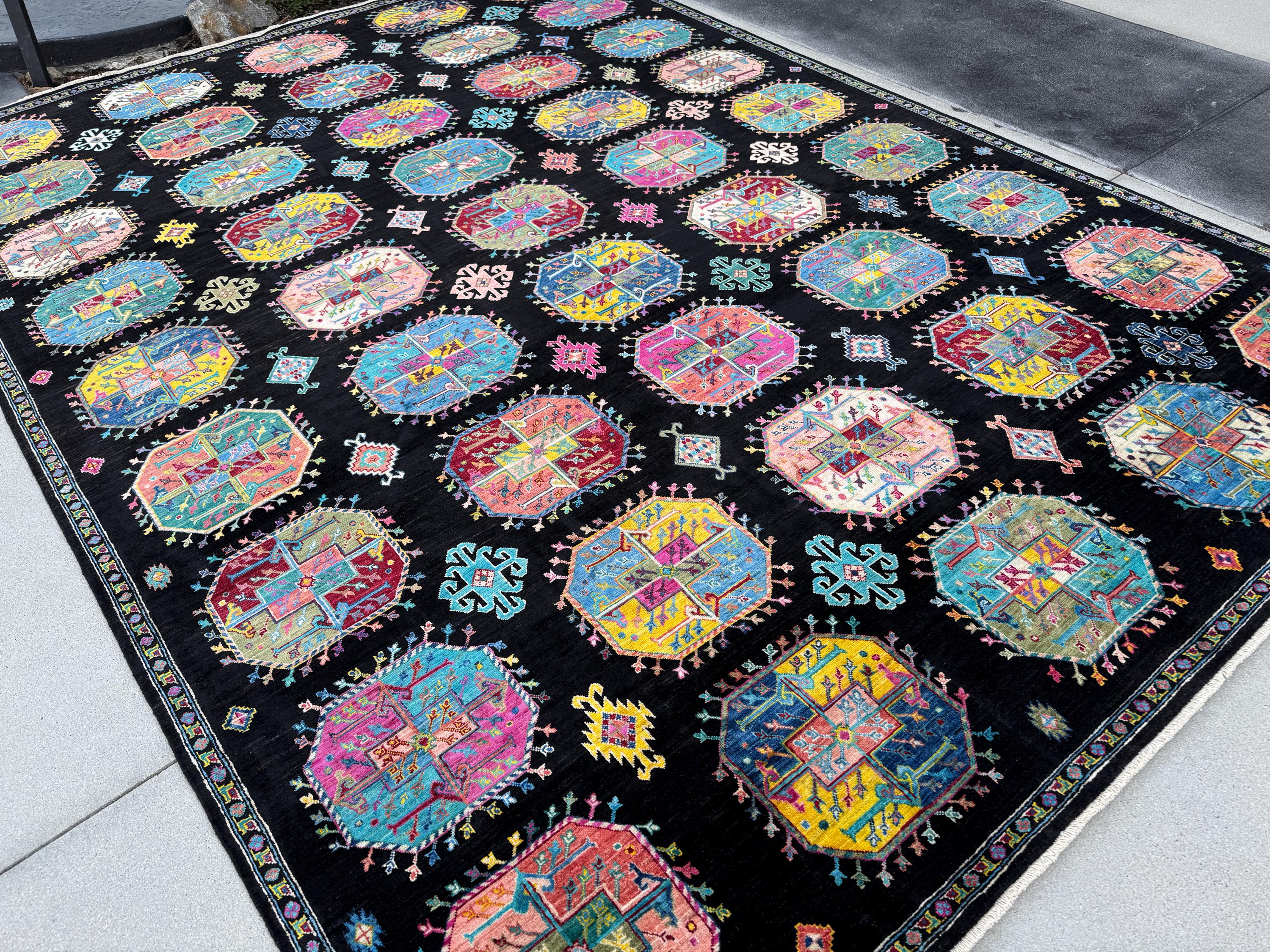 10x13 Handmade Afghan Wool Rug | Black Multicolor Geometric Area Rug | Hand-Knotted Tribal Carpet | Modern Boho Living Room Decor