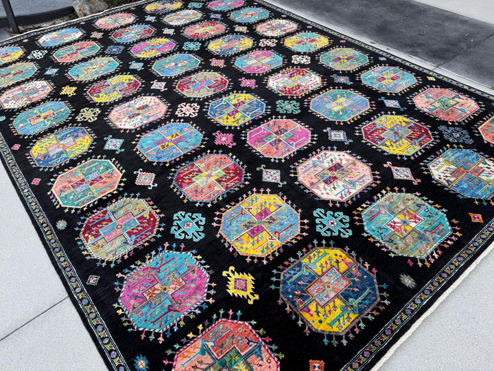 10x13 Handmade Afghan Wool Rug | Black Multicolor Geometric Area Rug | Hand-Knotted Tribal Carpet | Modern Boho Living Room Decor