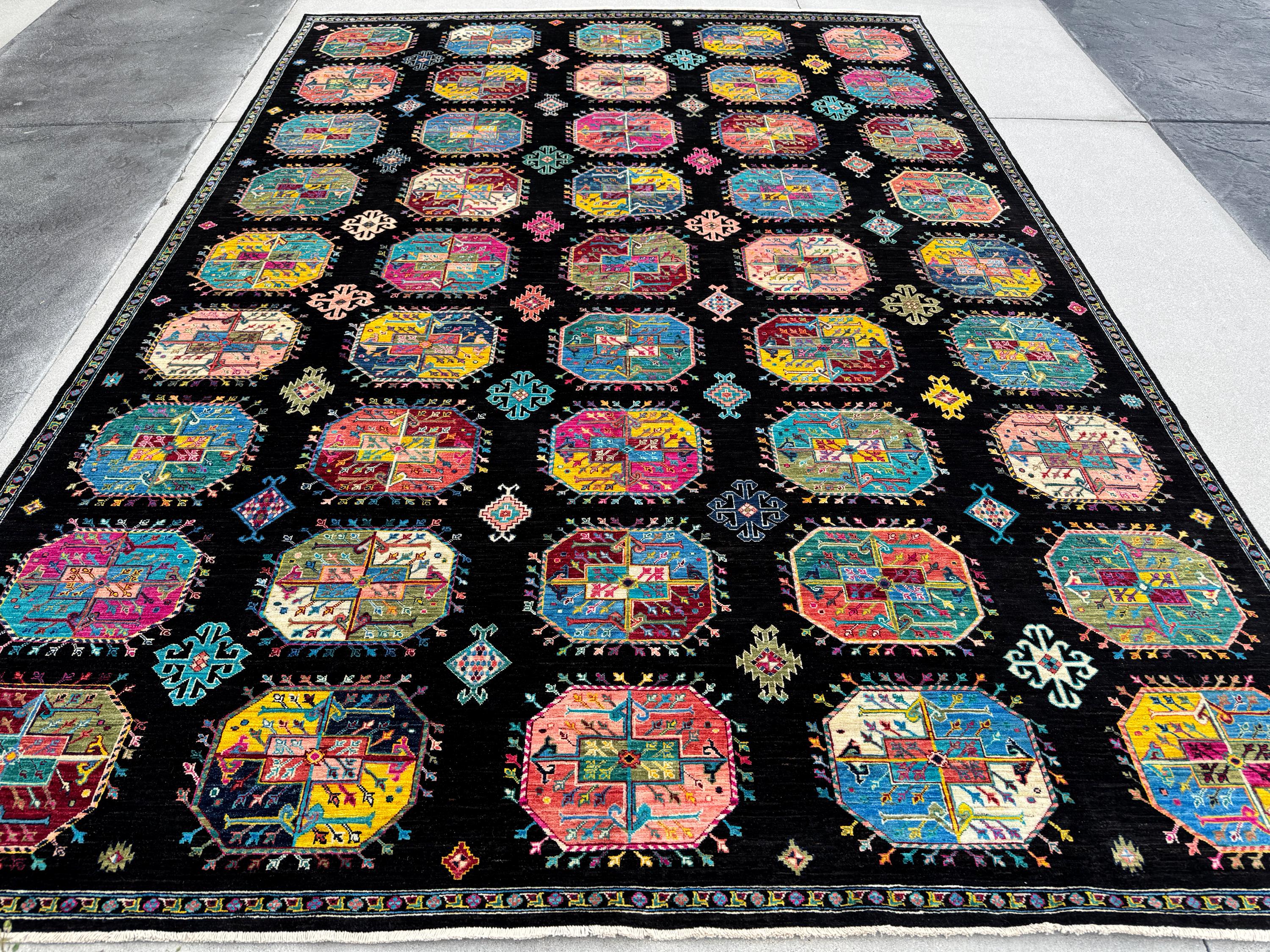 10x13 Handmade Afghan Wool Rug | Black Multicolor Geometric Area Rug | Hand-Knotted Tribal Carpet | Modern Boho Living Room Decor