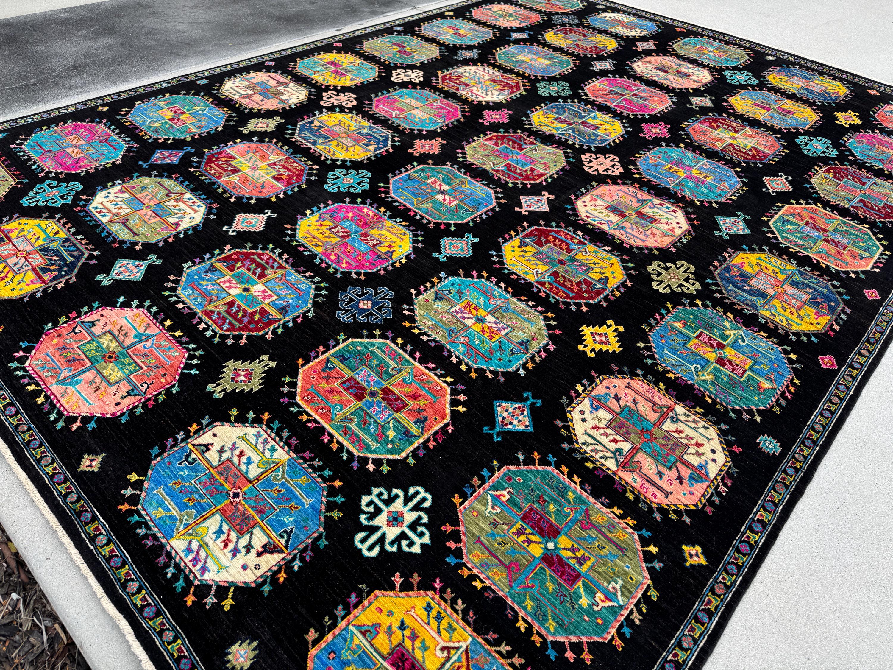 10x13 Handmade Afghan Wool Rug | Black Multicolor Geometric Area Rug | Hand-Knotted Tribal Carpet | Modern Boho Living Room Decor