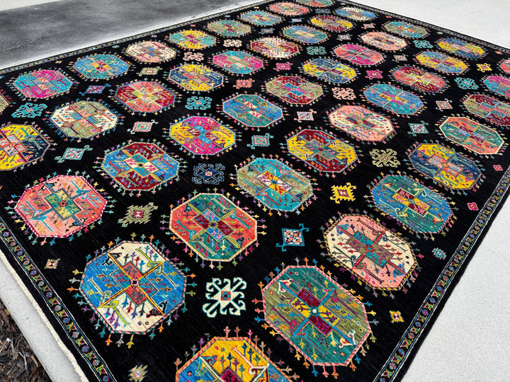 10x13 Handmade Afghan Wool Rug | Black Multicolor Geometric Area Rug | Hand-Knotted Tribal Carpet | Modern Boho Living Room Decor