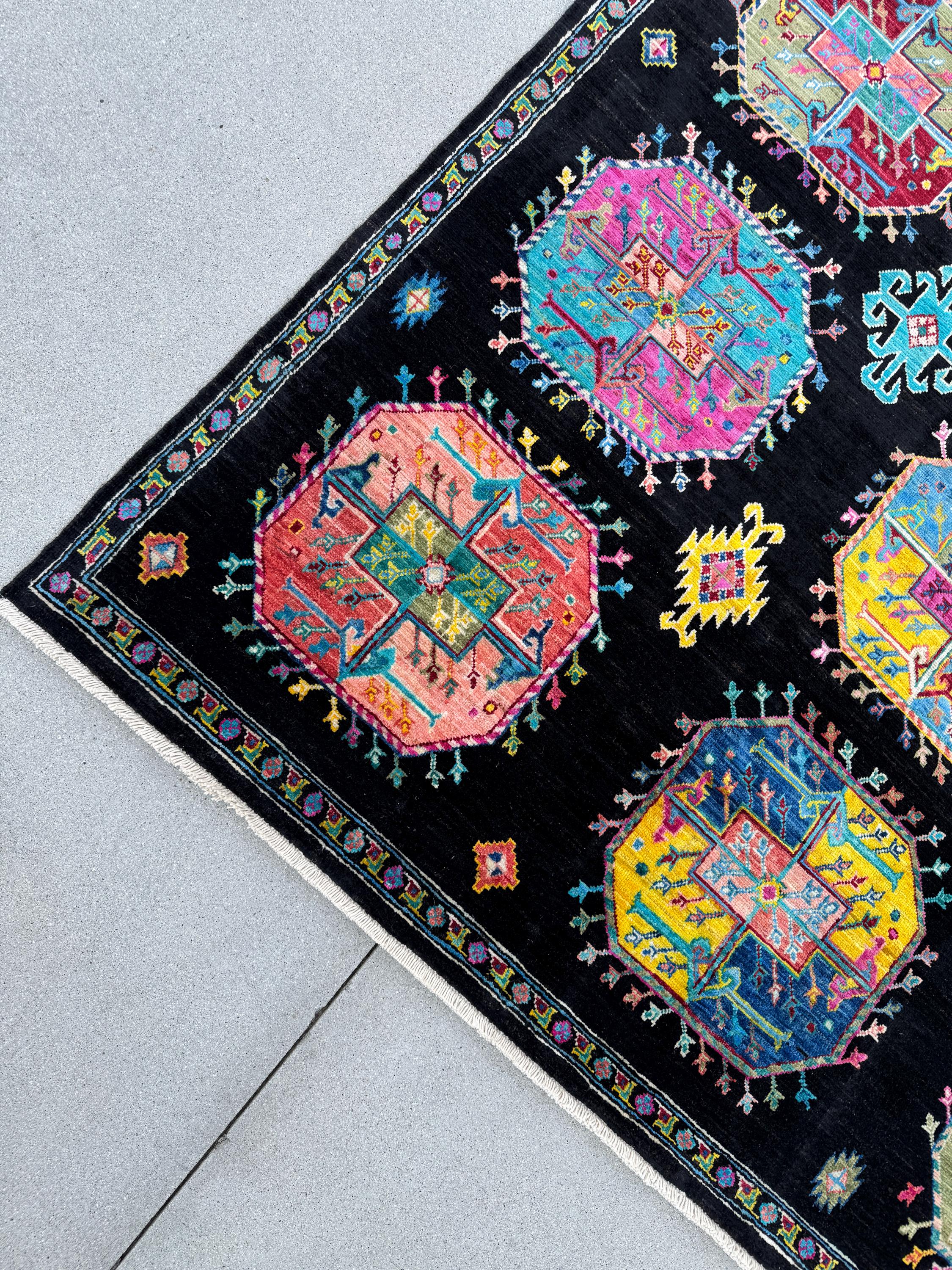 10x13 Handmade Afghan Wool Rug | Black Multicolor Geometric Area Rug | Hand-Knotted Tribal Carpet | Modern Boho Living Room Decor