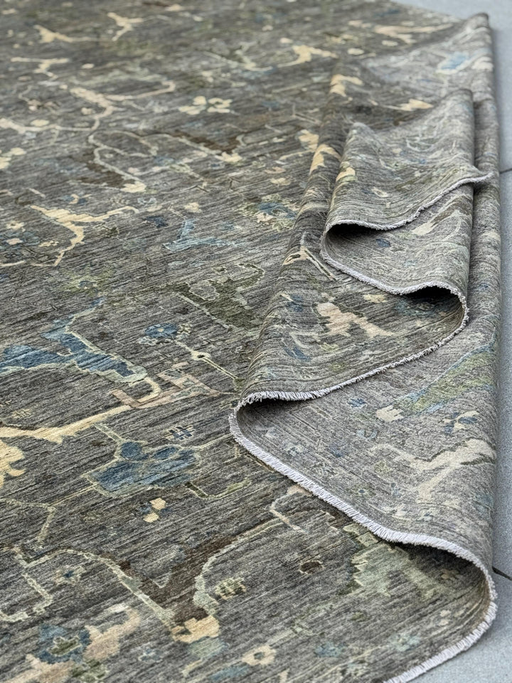 10x14 Handmade Afghan Wool Rug | Gray and Blue Oushak Style Area Rug | Hand-Knotted Distressed Carpet | Modern Classic Living Room Decor