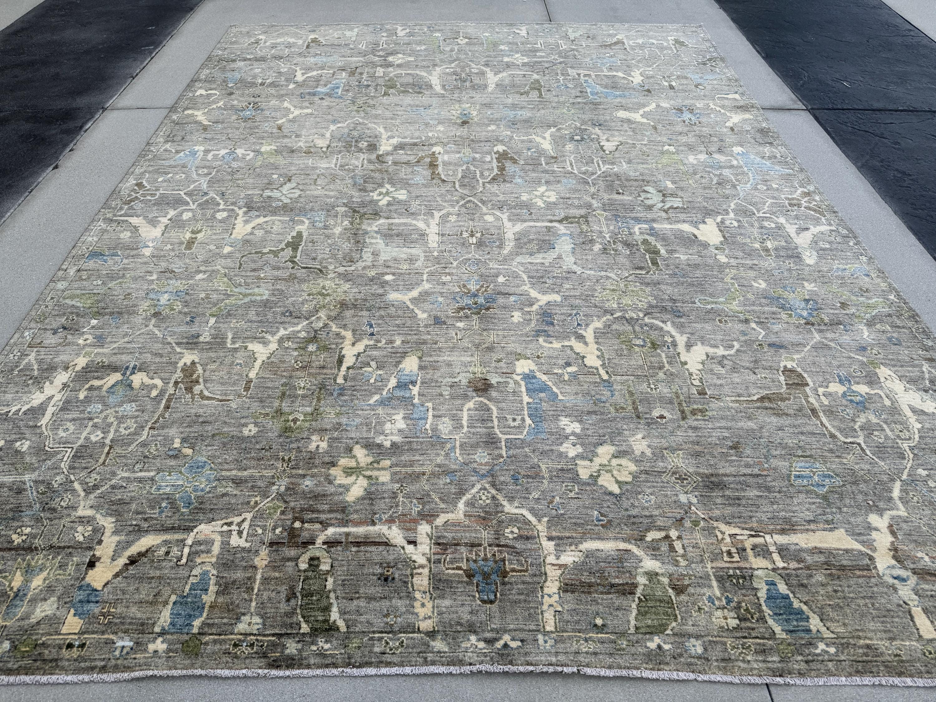10x14 Handmade Afghan Wool Rug | Gray and Blue Oushak Style Area Rug | Hand-Knotted Distressed Carpet | Modern Classic Living Room Decor
