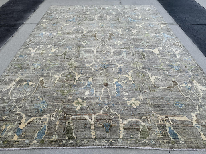 10x14 Handmade Afghan Wool Rug | Gray and Blue Oushak Style Area Rug | Hand-Knotted Distressed Carpet | Modern Classic Living Room Decor